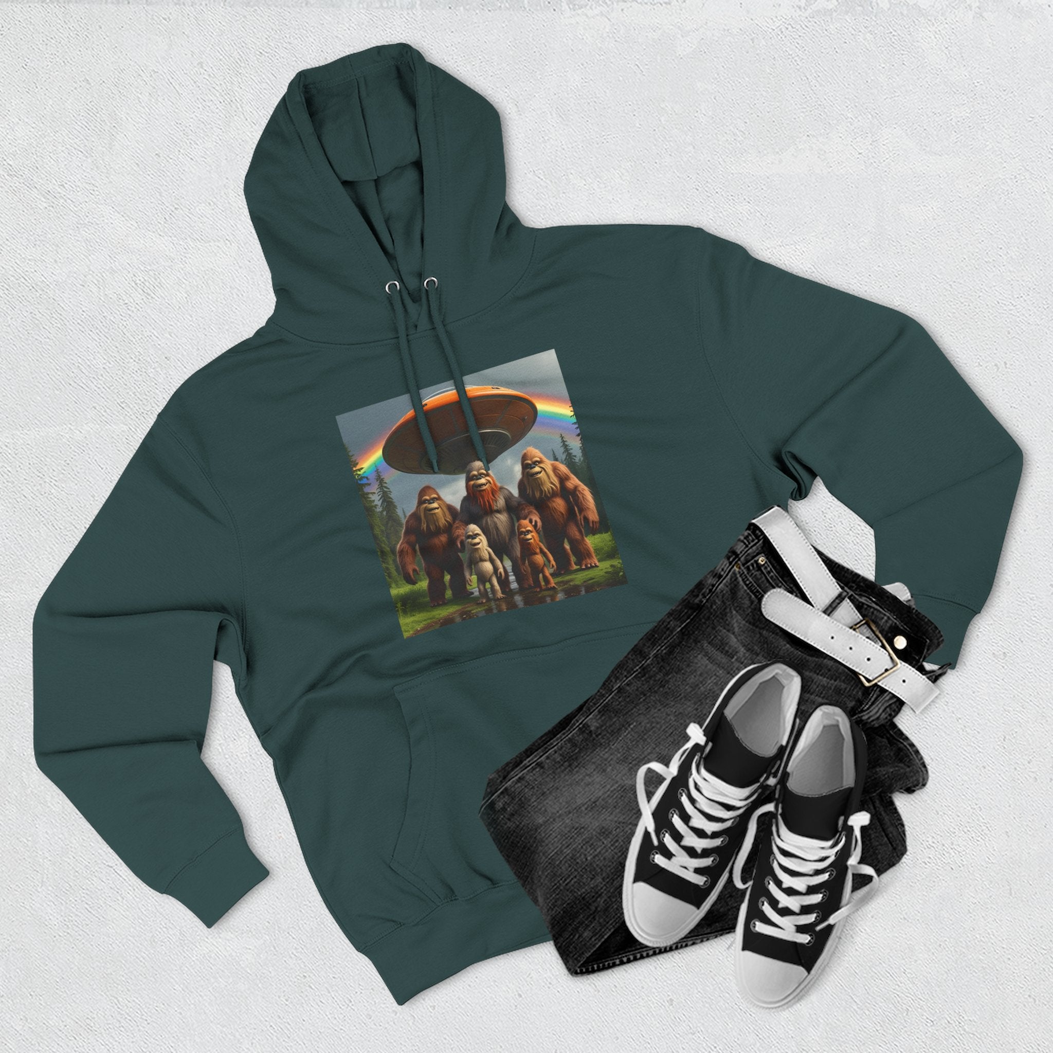 Sasquatch Family Rainbow Hoodie — Retro Bigfoot Graphic Pullover