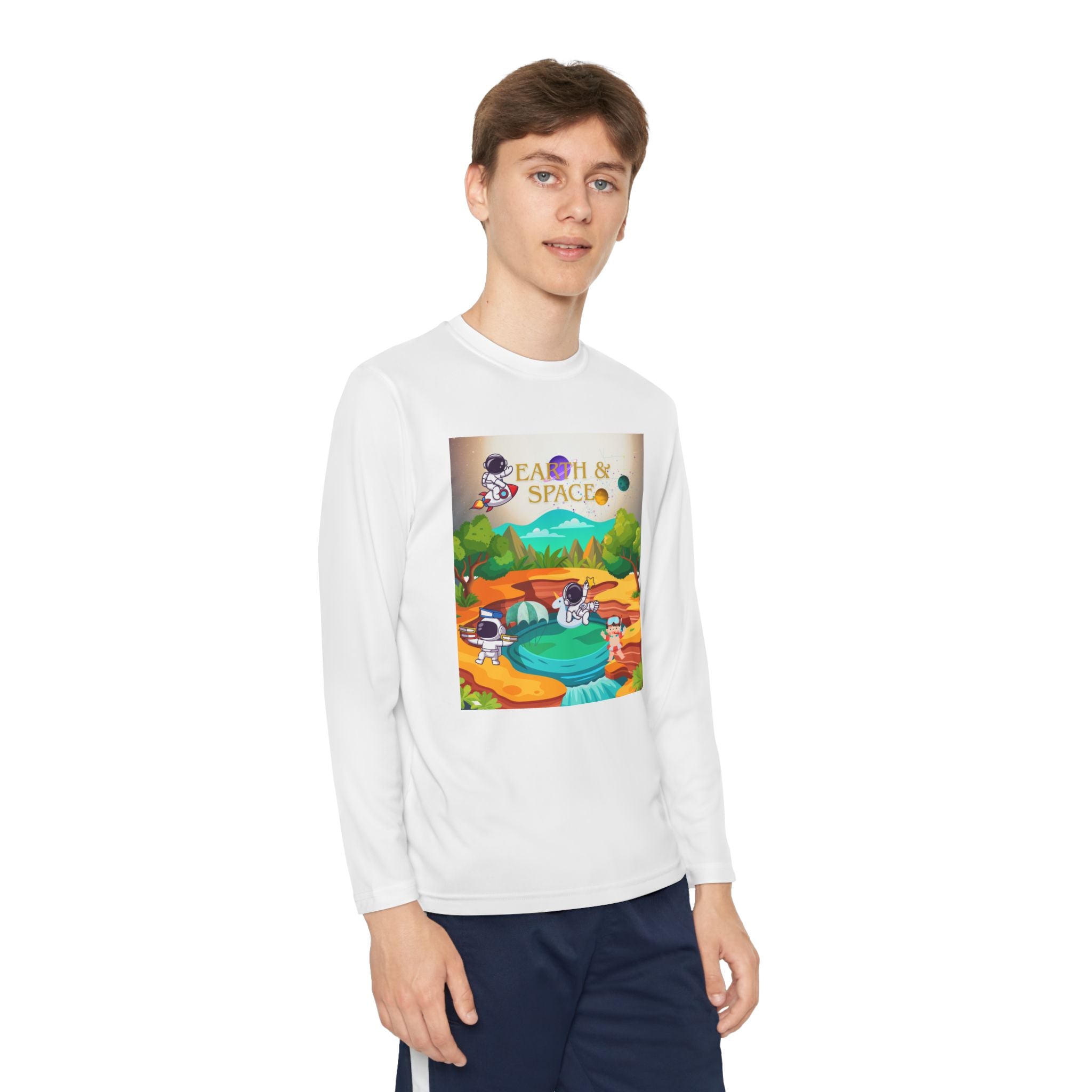 Youth Long Sleeve Tee — 'Beach & Space' Colorful Cartoon Adventure Print