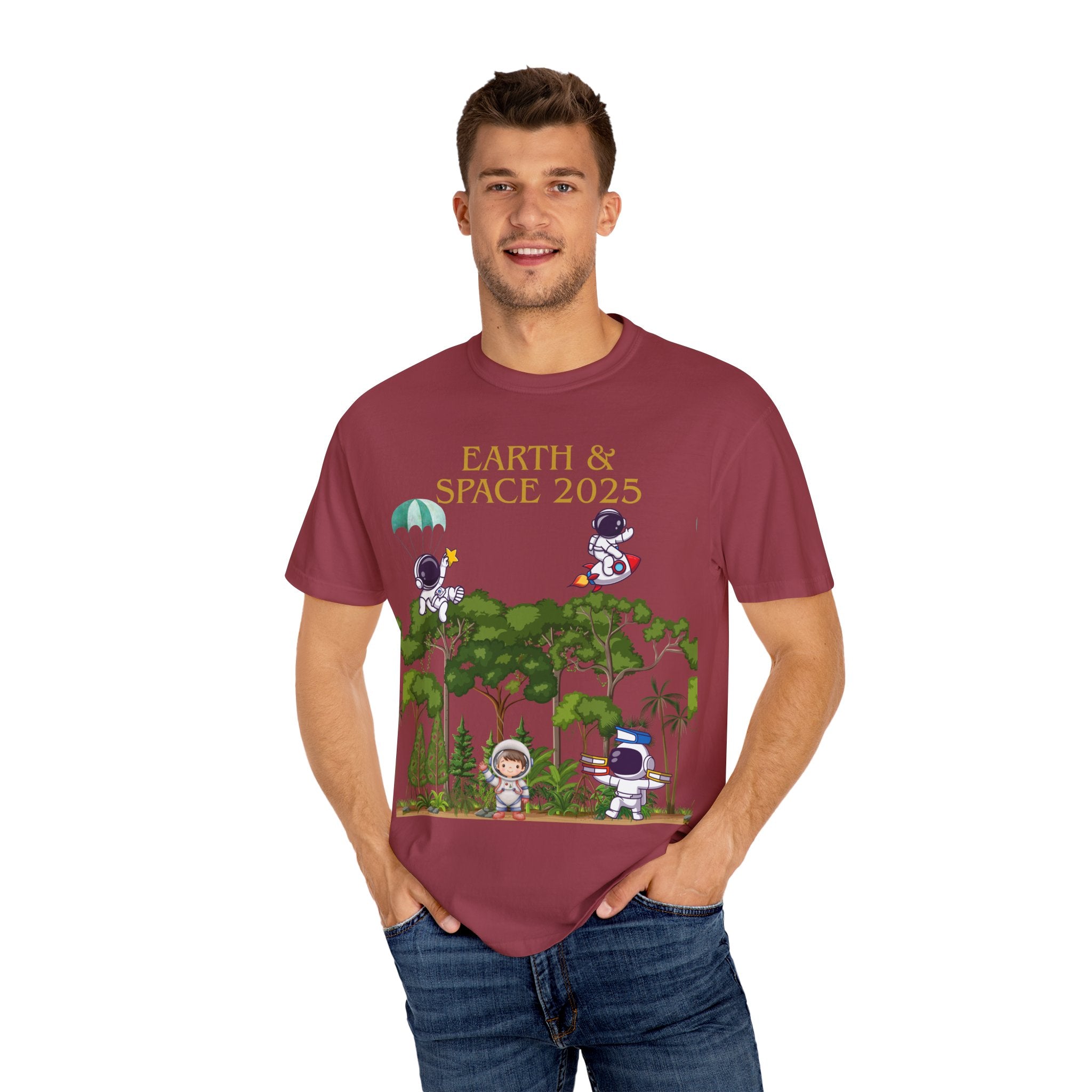 Earth & Space 2025 Unisex T-shirt, Cute Astronaut Tee, Nature Lover Shirt, Space Exploration Gift, Eco-Friendly Tee
