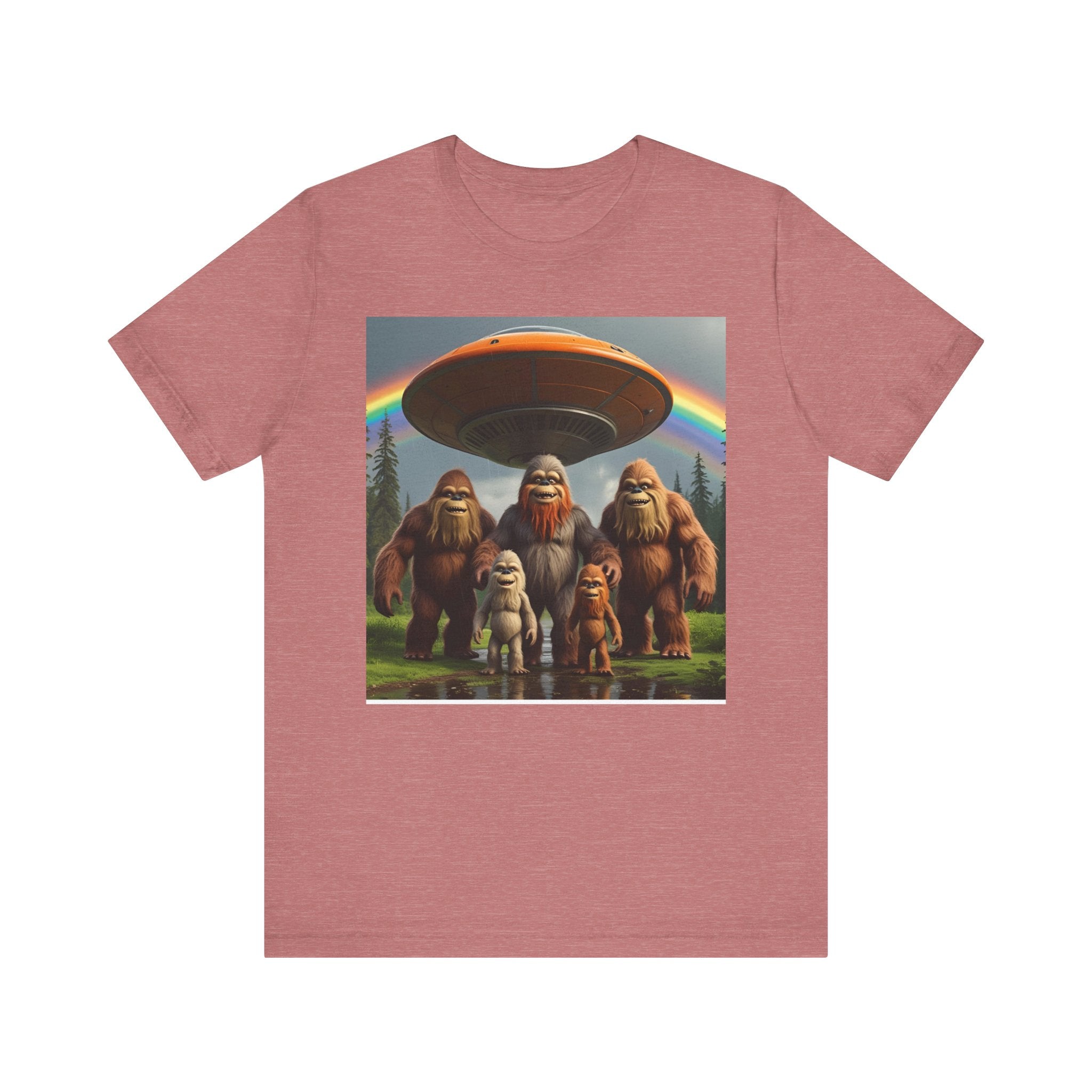 Bigfoot and Aliens Tee, Unisex Jersey Tee, Funny Graphic Shirt, UFO Lover Gift, Outdoor Adventure Apparel