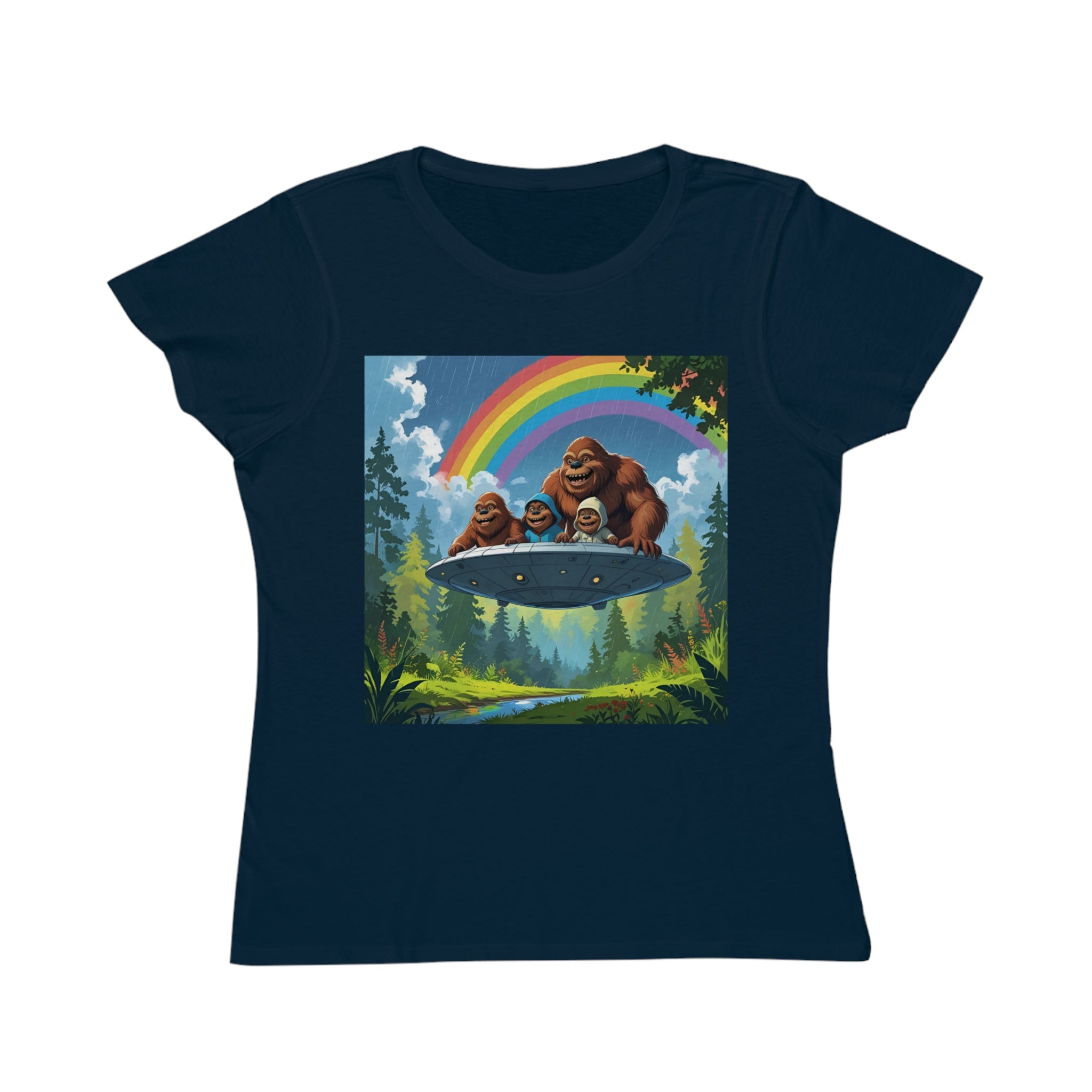 Whimsical Bigfoot Adventure T-Shirt, Fun Women's Tee, Summer Fashion, Hiking Gift, Rainbow Art Tee, Casual Wear, Nature Lover Shirt