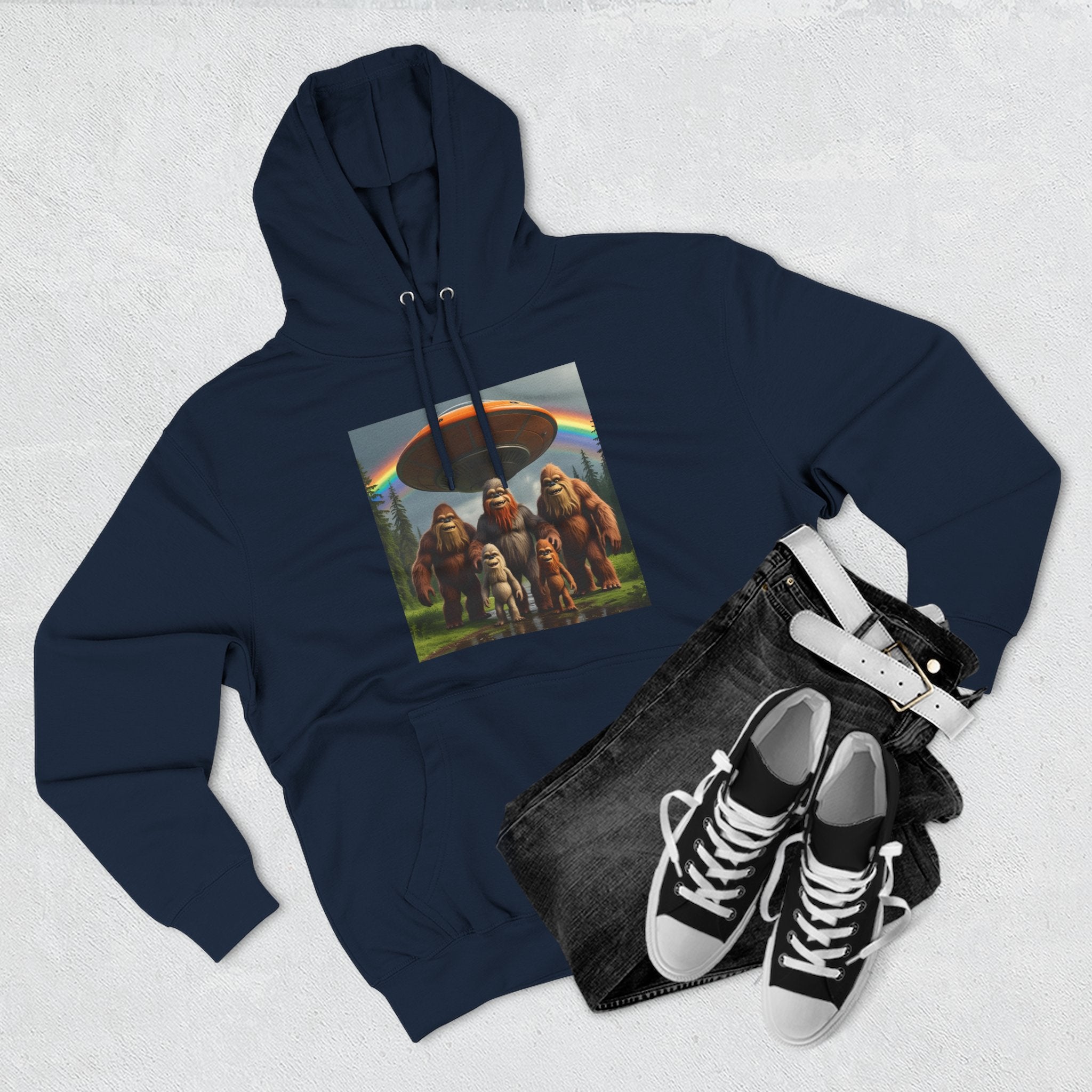 Sasquatch Family Rainbow Hoodie — Retro Bigfoot Graphic Pullover