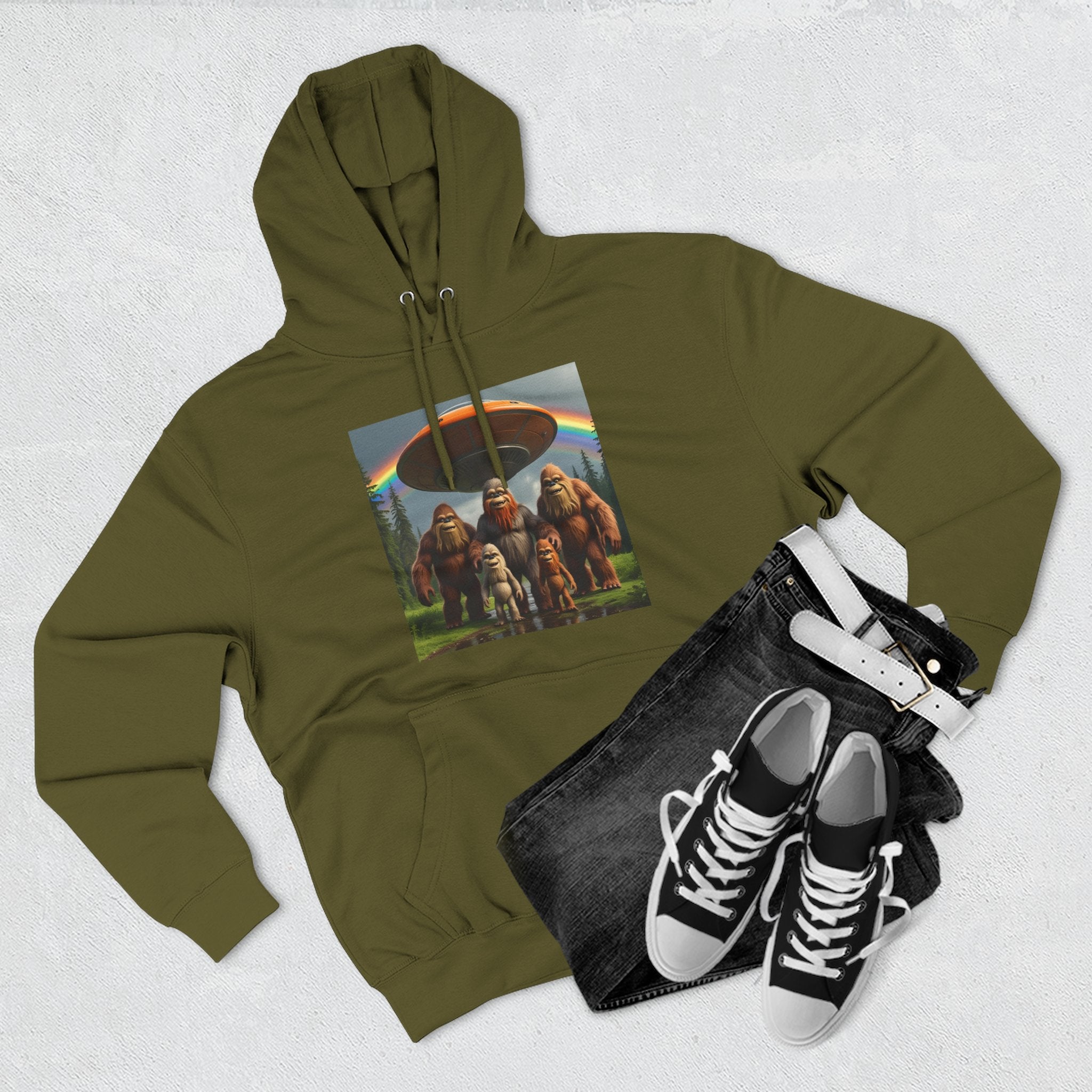 Sasquatch Family Rainbow Hoodie — Retro Bigfoot Graphic Pullover