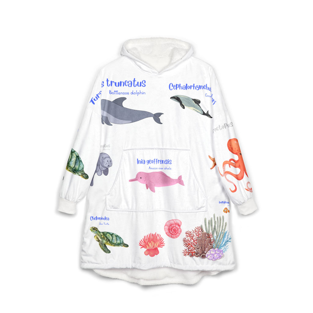 Ocean Species Hooded Blanket — Illustrated Marine Life Guide (Whale, Shark, Octopus)
