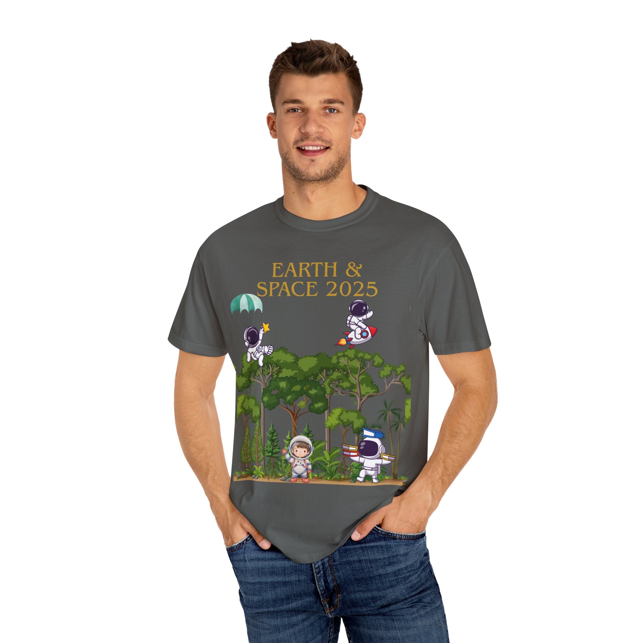 Earth & Space 2025 Unisex T-shirt, Cute Astronaut Tee, Nature Lover Shirt, Space Exploration Gift, Eco-Friendly Tee