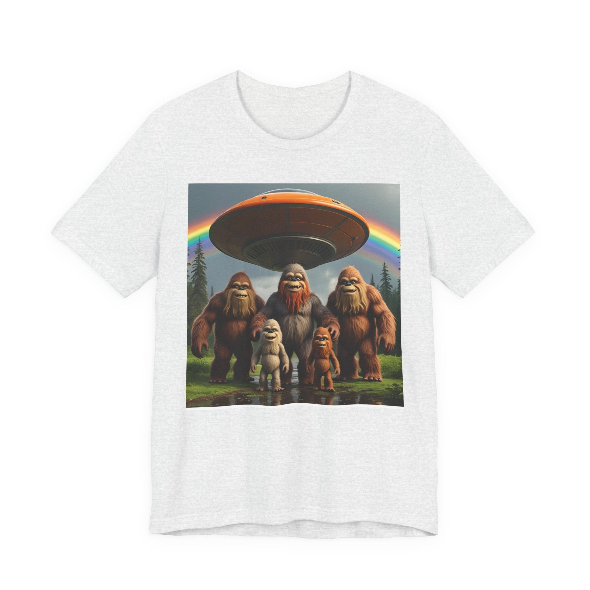 Bigfoot and Aliens Tee, Unisex Jersey Tee, Funny Graphic Shirt, UFO Lover Gift, Outdoor Adventure Apparel