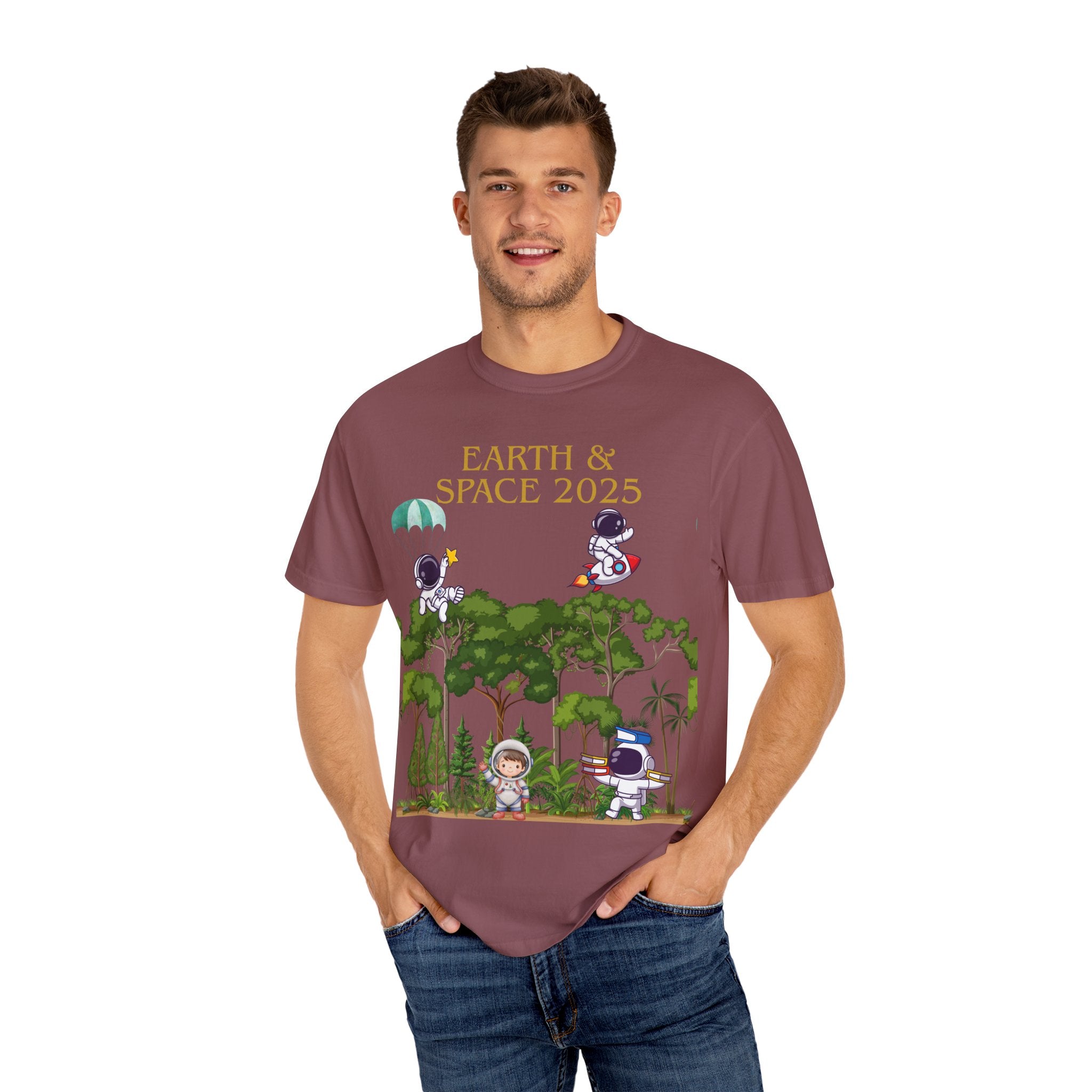 Earth & Space 2025 Unisex T-shirt, Cute Astronaut Tee, Nature Lover Shirt, Space Exploration Gift, Eco-Friendly Tee