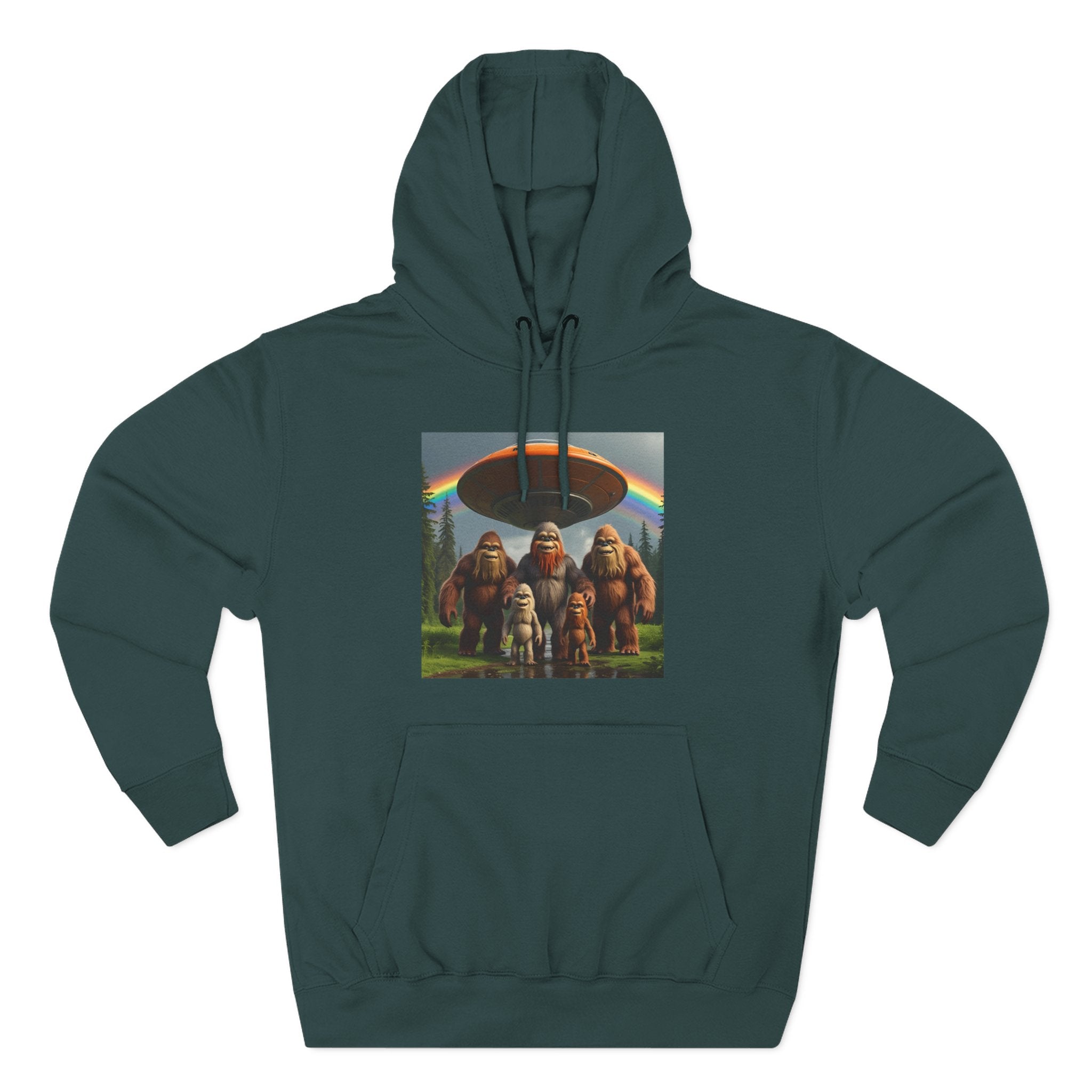 Sasquatch Family Rainbow Hoodie — Retro Bigfoot Graphic Pullover