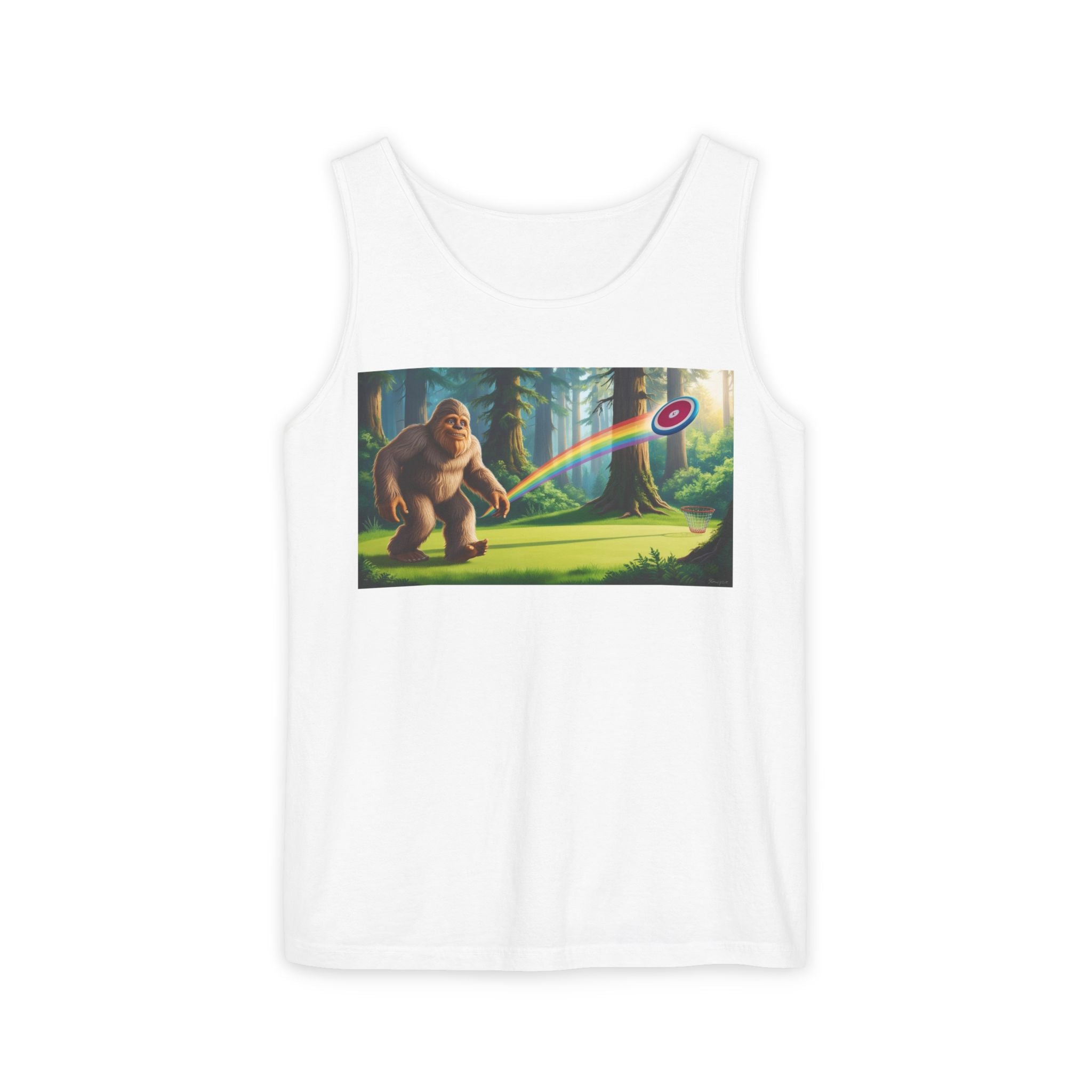 Adventurous Bigfoot Rainbow Tank Top, Unisex Summer Top, Eco-Friendly Gift, Outdoor Wear, Fun Hiking Apparel