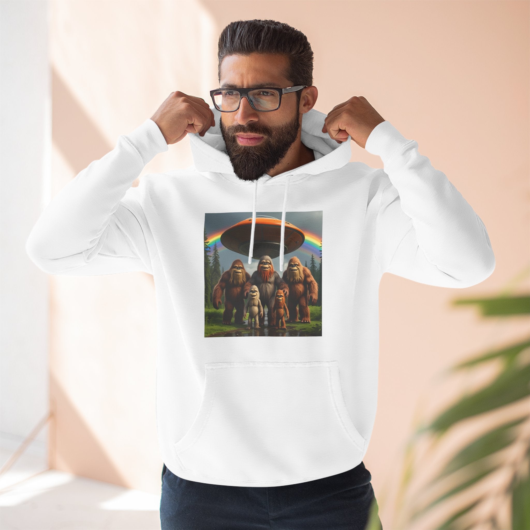 Sasquatch Family Rainbow Hoodie — Retro Bigfoot Graphic Pullover