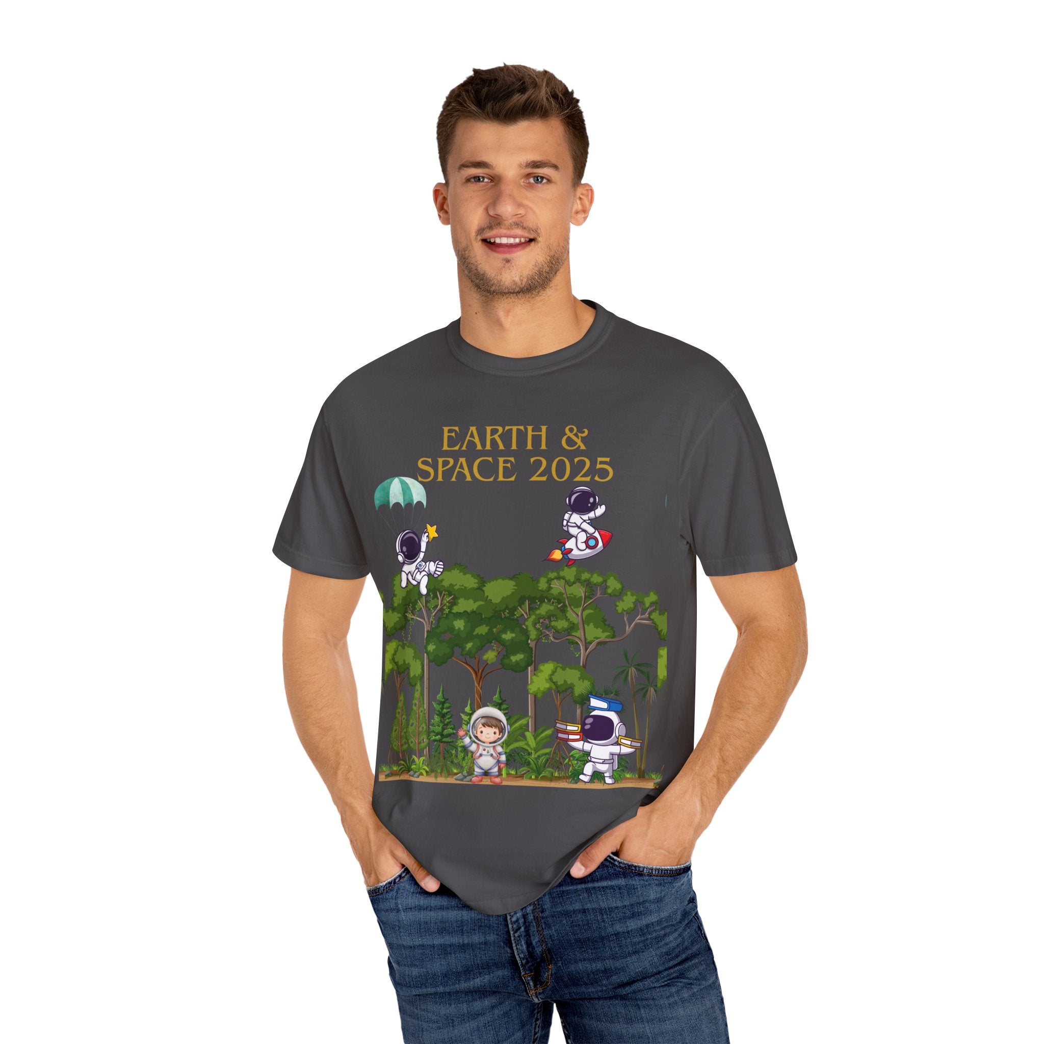 Earth & Space 2025 Unisex T-shirt, Cute Astronaut Tee, Nature Lover Shirt, Space Exploration Gift, Eco-Friendly Tee