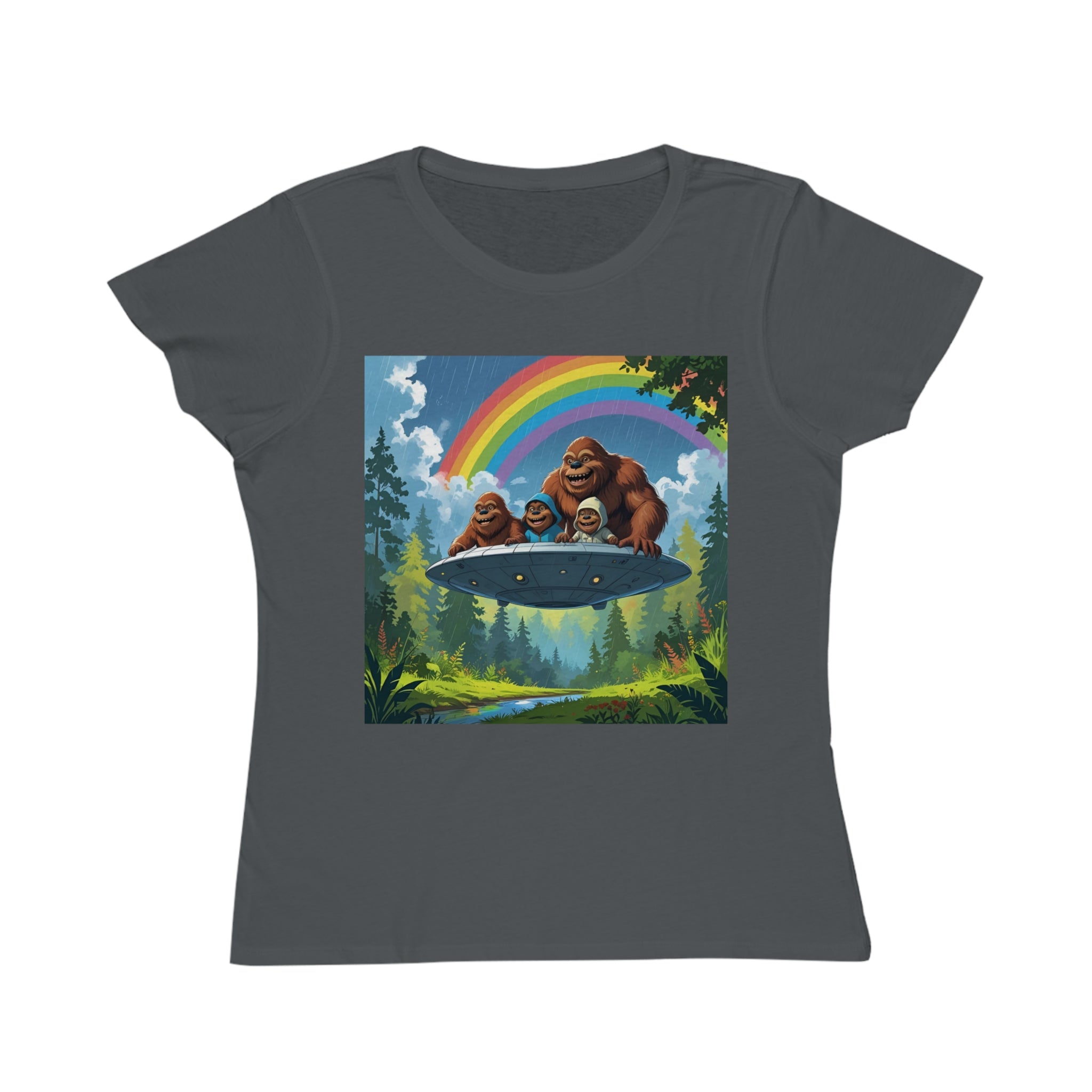Whimsical Bigfoot Adventure T-Shirt, Fun Women's Tee, Summer Fashion, Hiking Gift, Rainbow Art Tee, Casual Wear, Nature Lover Shirt