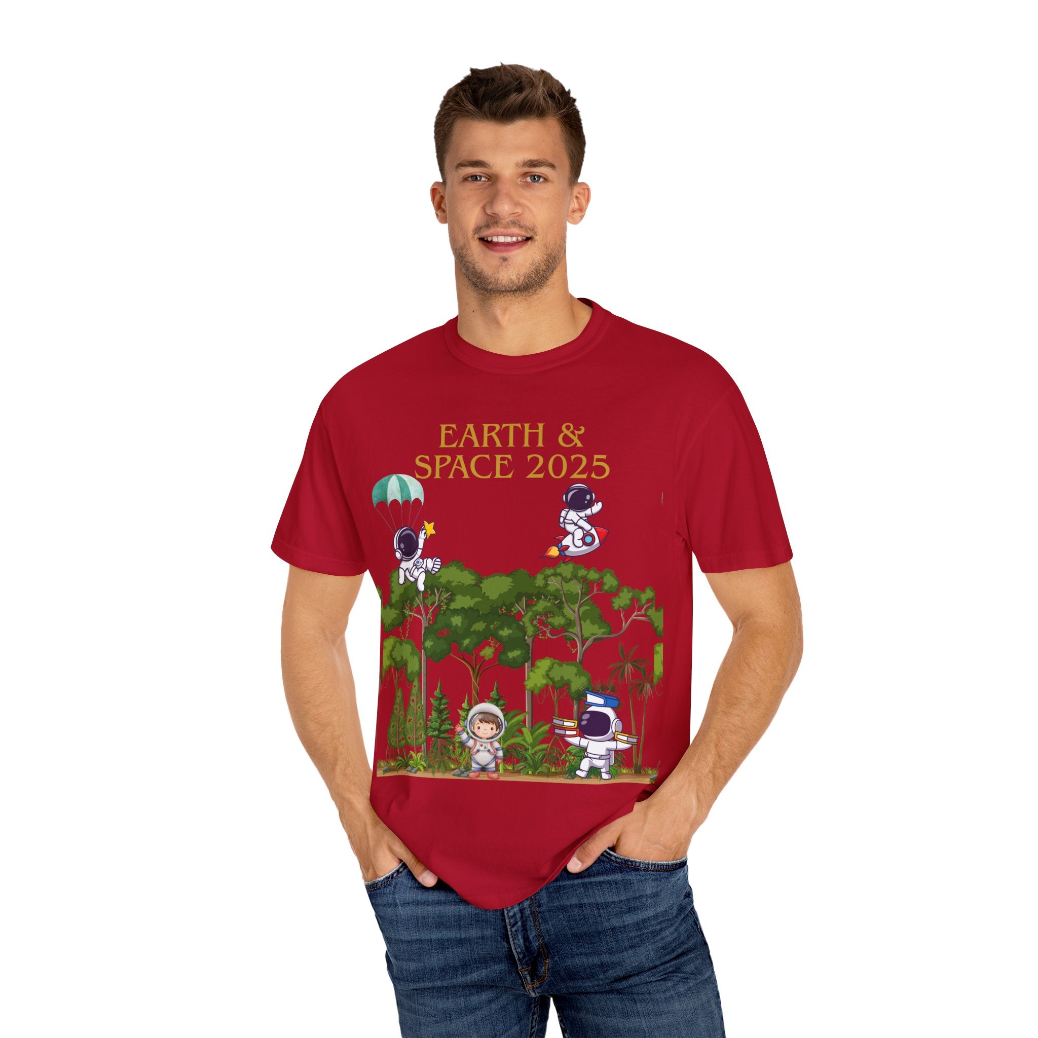 Earth & Space 2025 Unisex T-shirt, Cute Astronaut Tee, Nature Lover Shirt, Space Exploration Gift, Eco-Friendly Tee