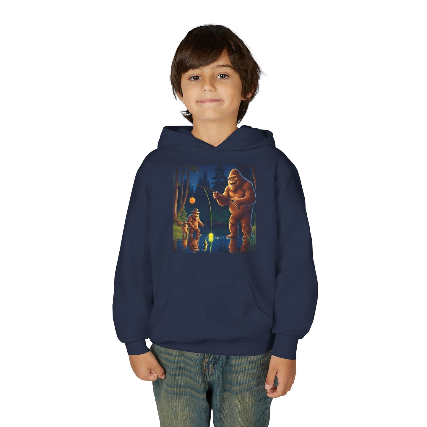 Bigfoot Fishing Youth Hoodie, Adventure Sweatshirt, Outdoor Fun, Gift for Kids, Bigfoot Lovers, Hooded Sweatshirt for Camping