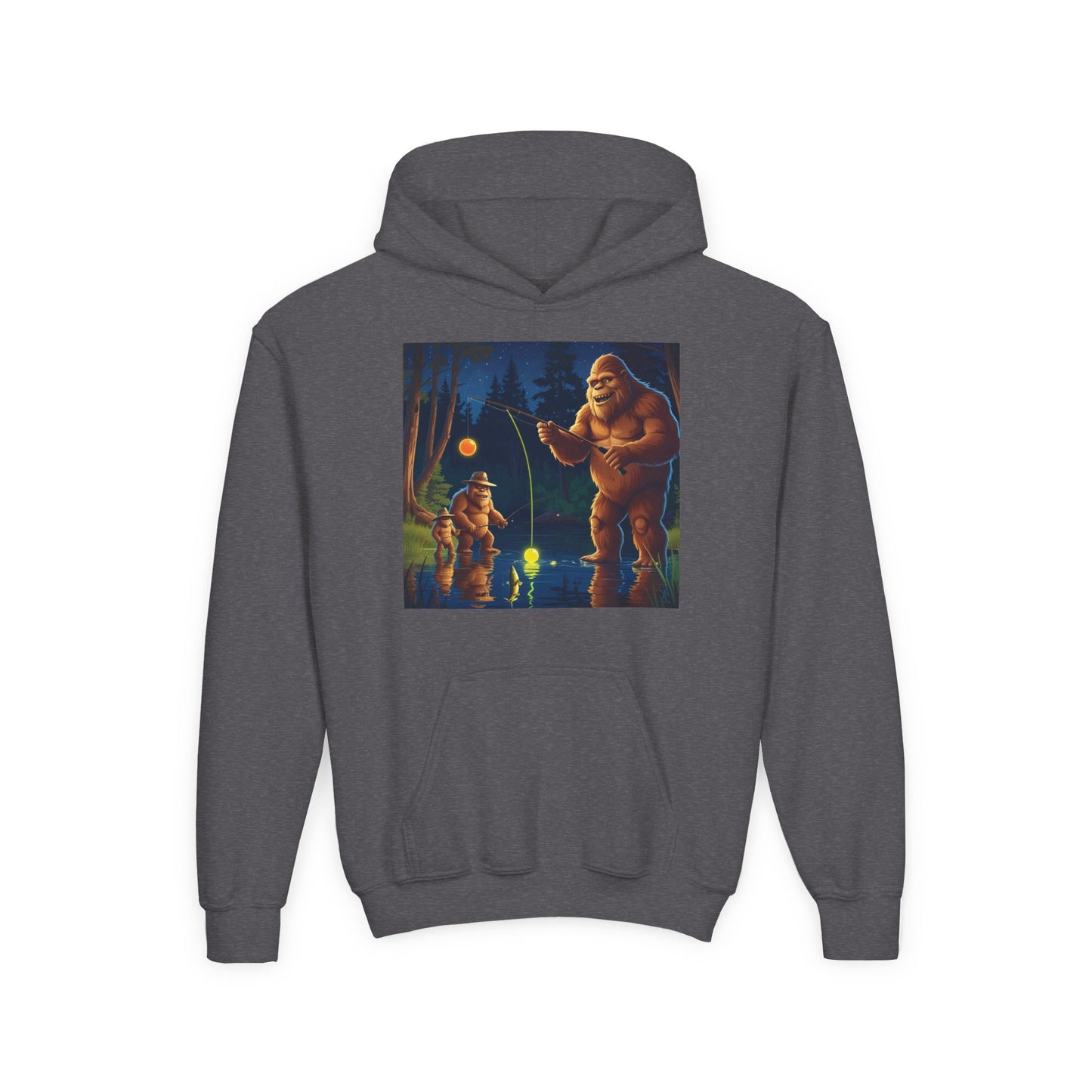 Bigfoot Fishing Youth Hoodie, Adventure Sweatshirt, Outdoor Fun, Gift for Kids, Bigfoot Lovers, Hooded Sweatshirt for Camping