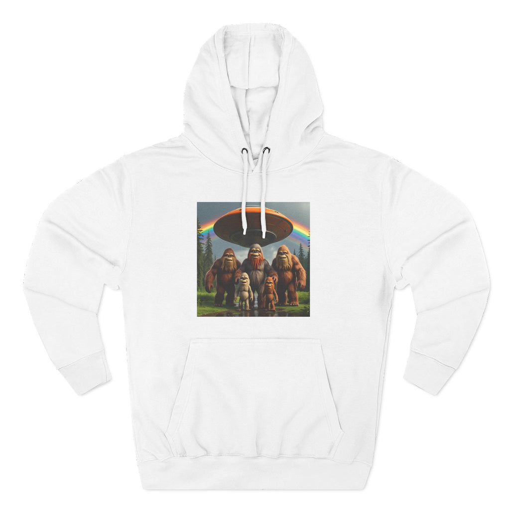 Sasquatch Family Rainbow Hoodie — Retro Bigfoot Graphic Pullover