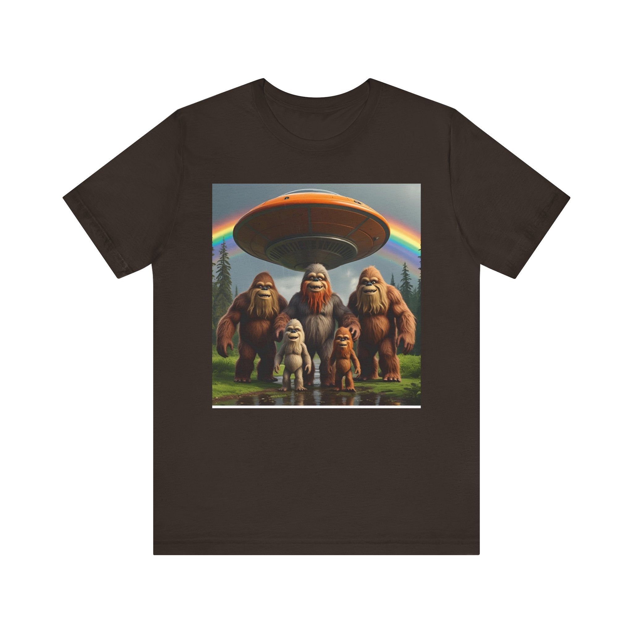 Bigfoot and Aliens Tee, Unisex Jersey Tee, Funny Graphic Shirt, UFO Lover Gift, Outdoor Adventure Apparel