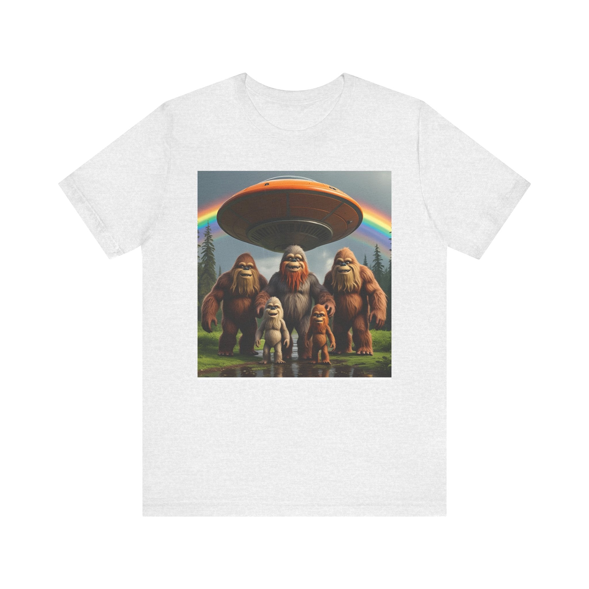 Bigfoot and Aliens Tee, Unisex Jersey Tee, Funny Graphic Shirt, UFO Lover Gift, Outdoor Adventure Apparel