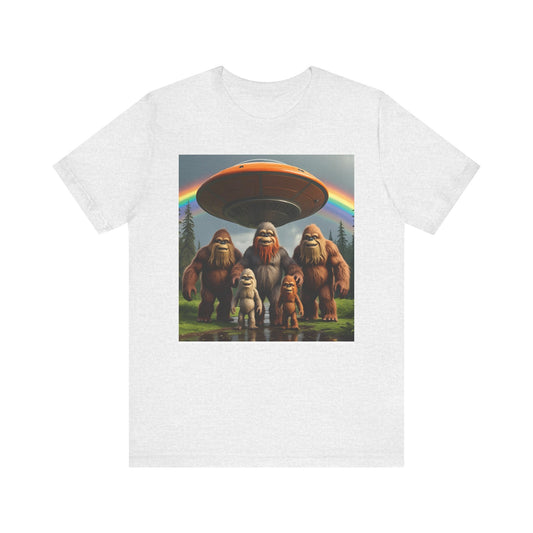Bigfoot and Aliens Tee, Unisex Jersey Tee, Funny Graphic Shirt, UFO Lover Gift, Outdoor Adventure Apparel