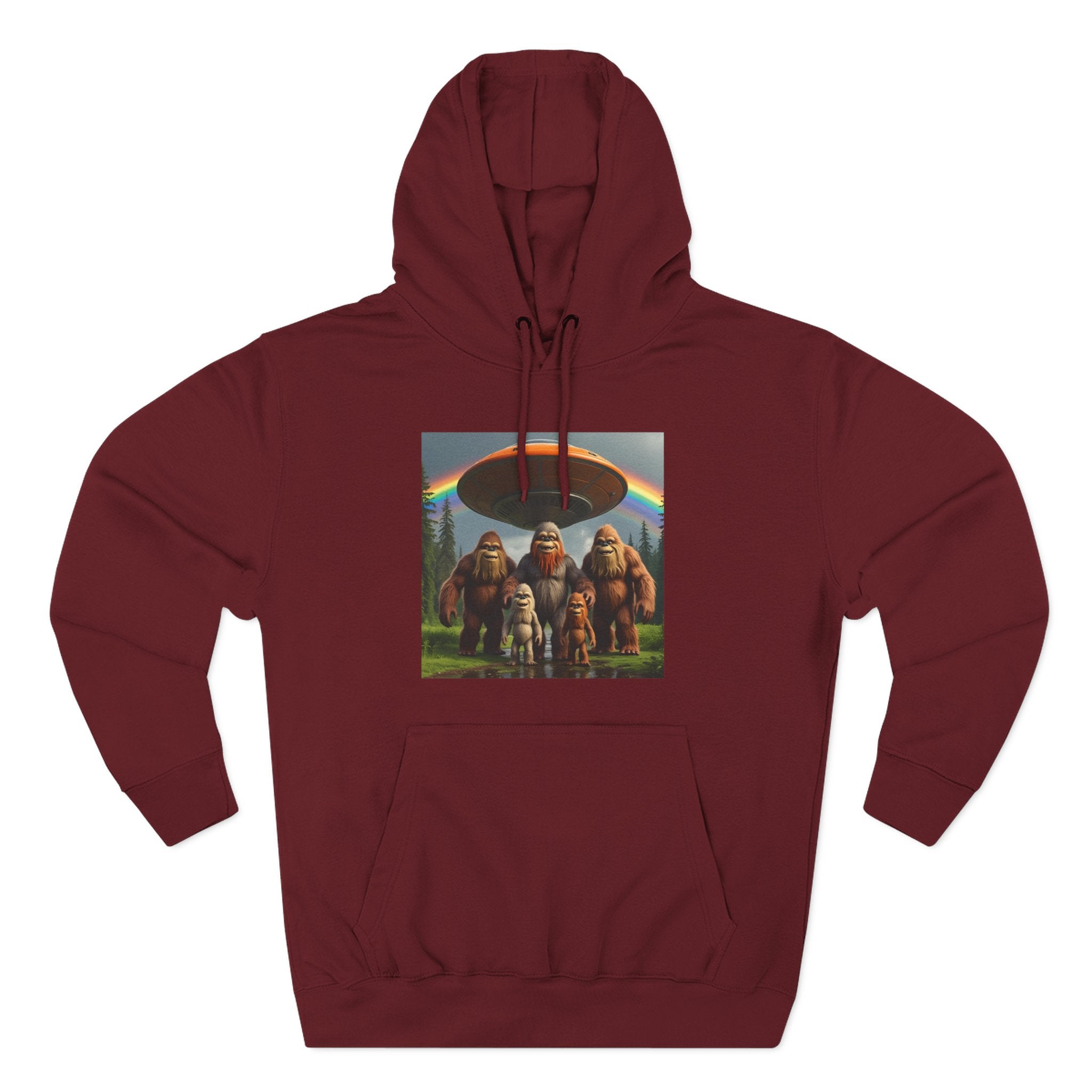 Sasquatch Family Rainbow Hoodie — Retro Bigfoot Graphic Pullover