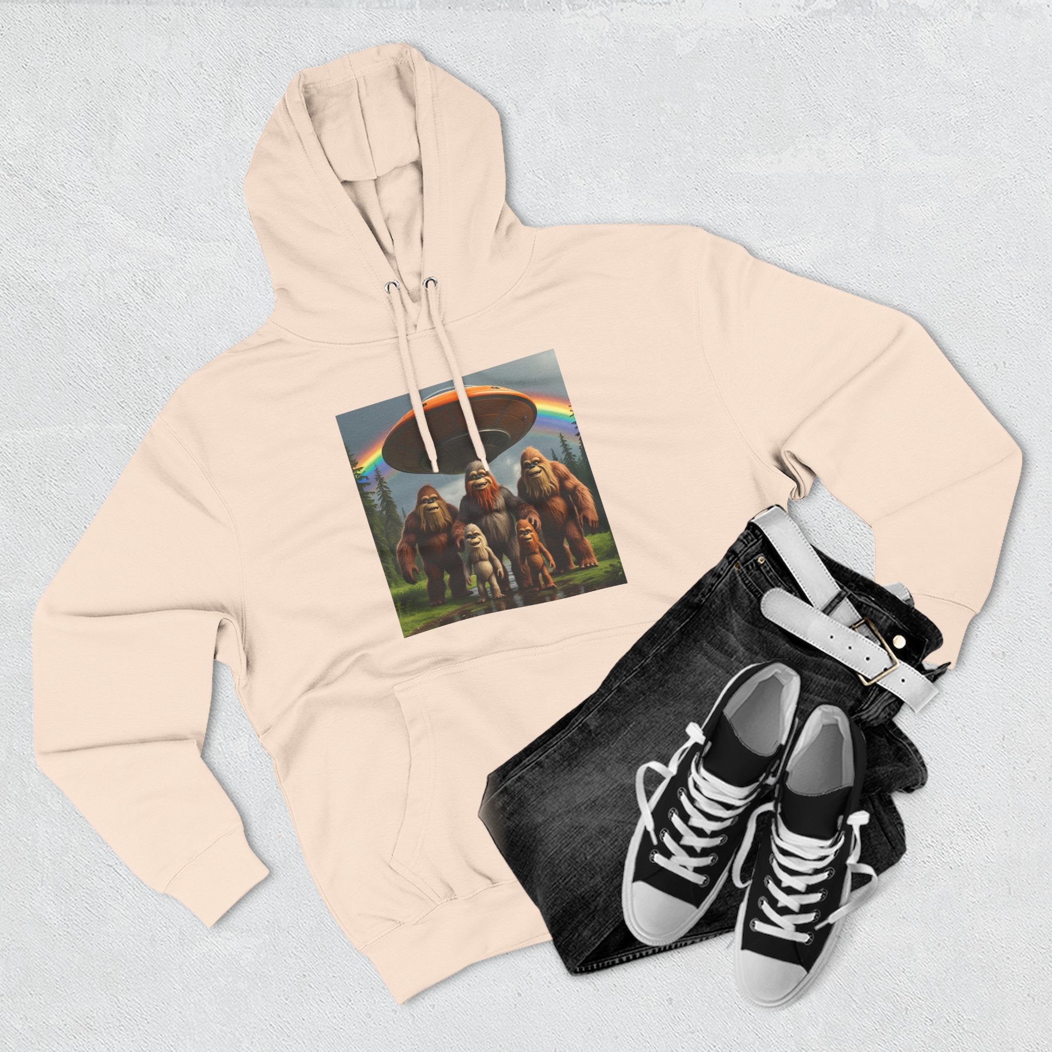Sasquatch Family Rainbow Hoodie — Retro Bigfoot Graphic Pullover