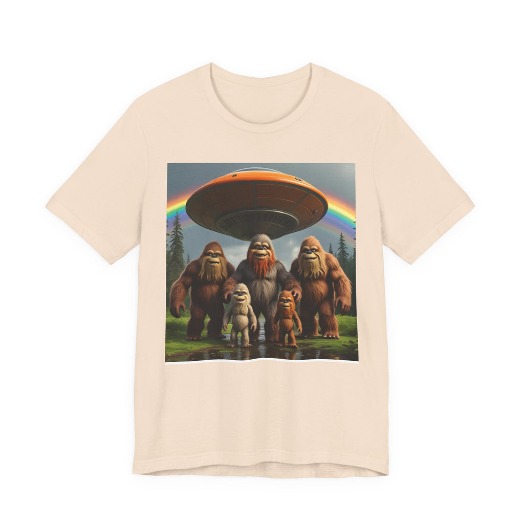 Bigfoot and Aliens Tee, Unisex Jersey Tee, Funny Graphic Shirt, UFO Lover Gift, Outdoor Adventure Apparel