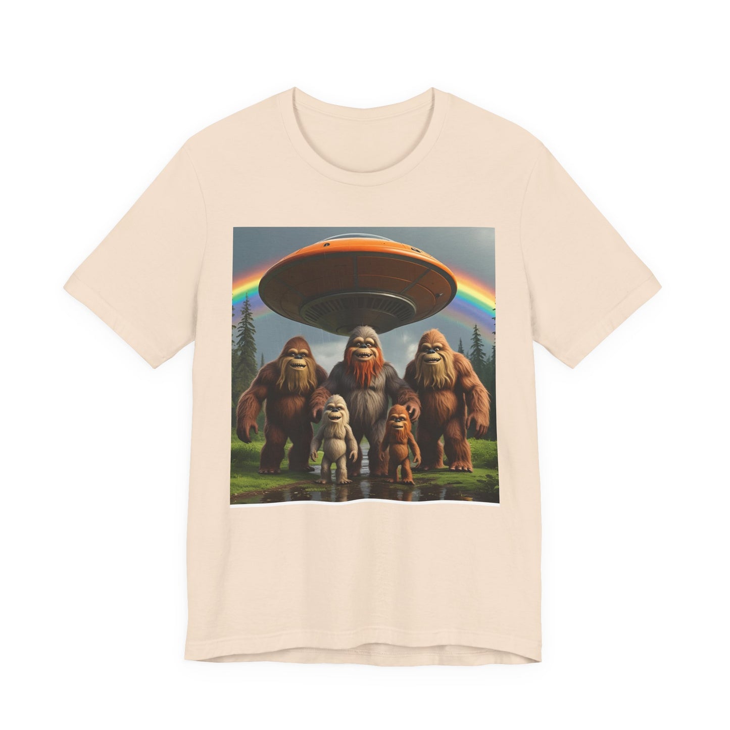 Bigfoot and Aliens Tee, Unisex Jersey Tee, Funny Graphic Shirt, UFO Lover Gift, Outdoor Adventure Apparel