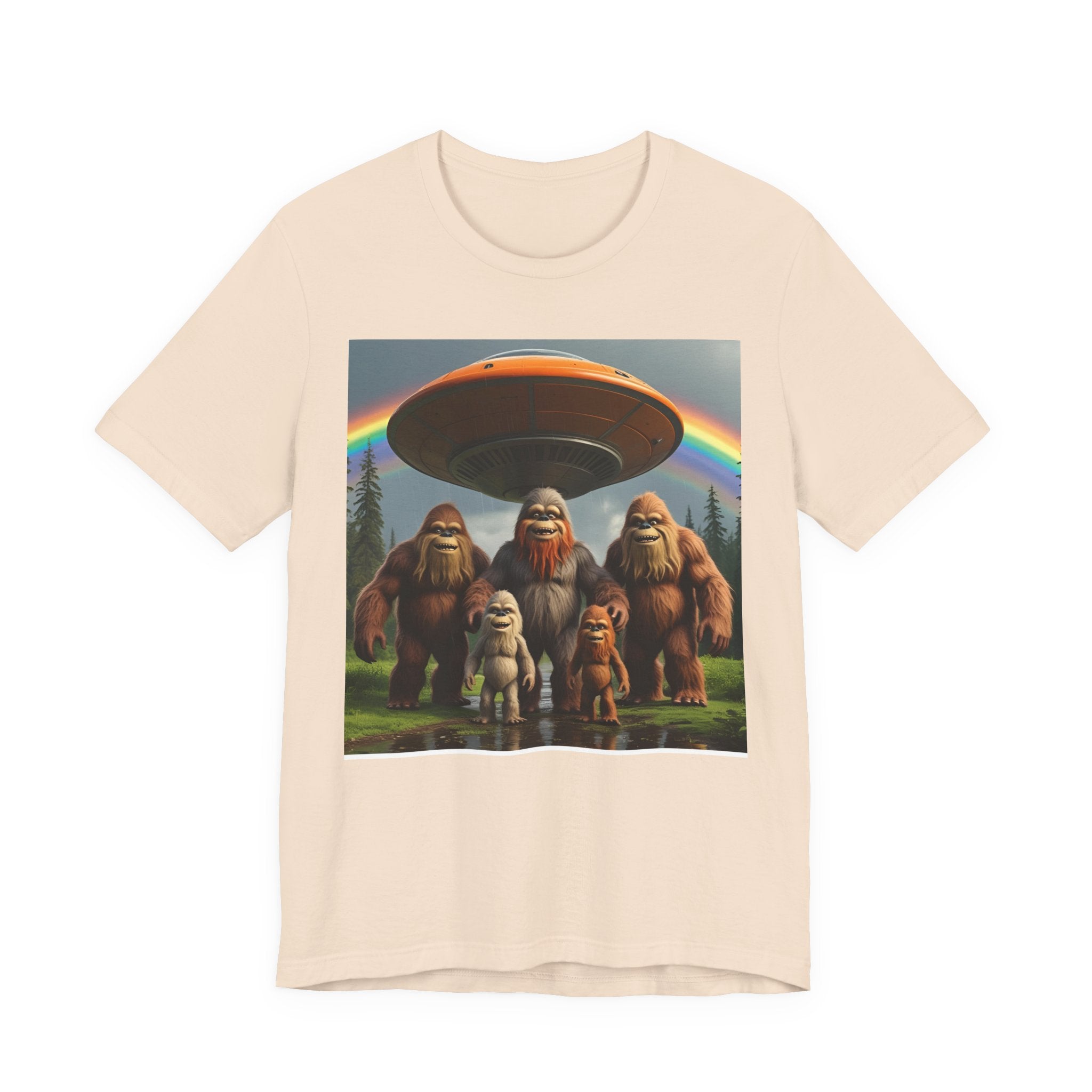 Bigfoot and Aliens Tee, Unisex Jersey Tee, Funny Graphic Shirt, UFO Lover Gift, Outdoor Adventure Apparel