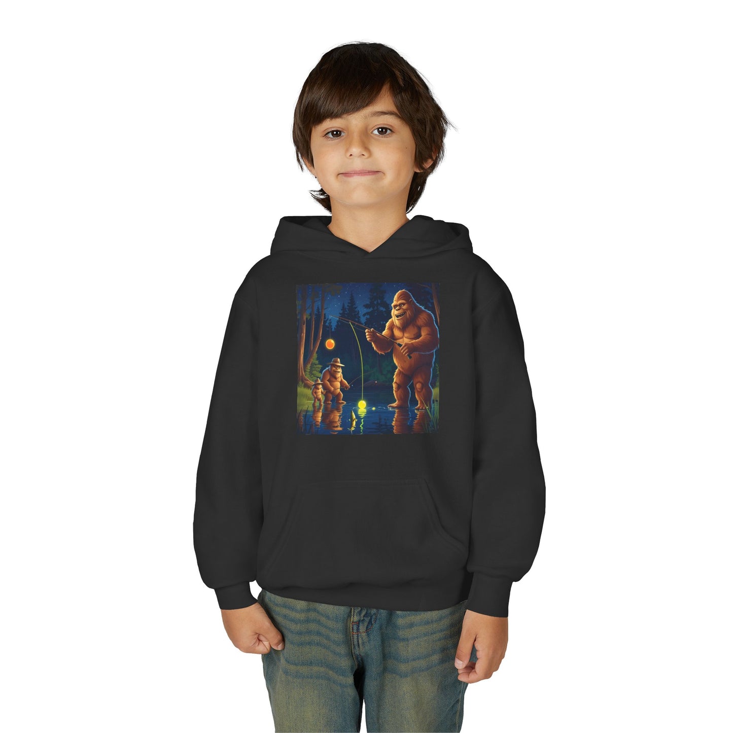 Bigfoot Fishing Youth Hoodie, Adventure Sweatshirt, Outdoor Fun, Gift for Kids, Bigfoot Lovers, Hooded Sweatshirt for Camping