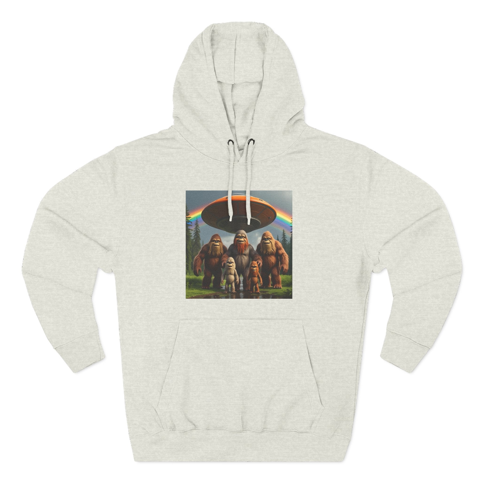 Sasquatch Family Rainbow Hoodie — Retro Bigfoot Graphic Pullover