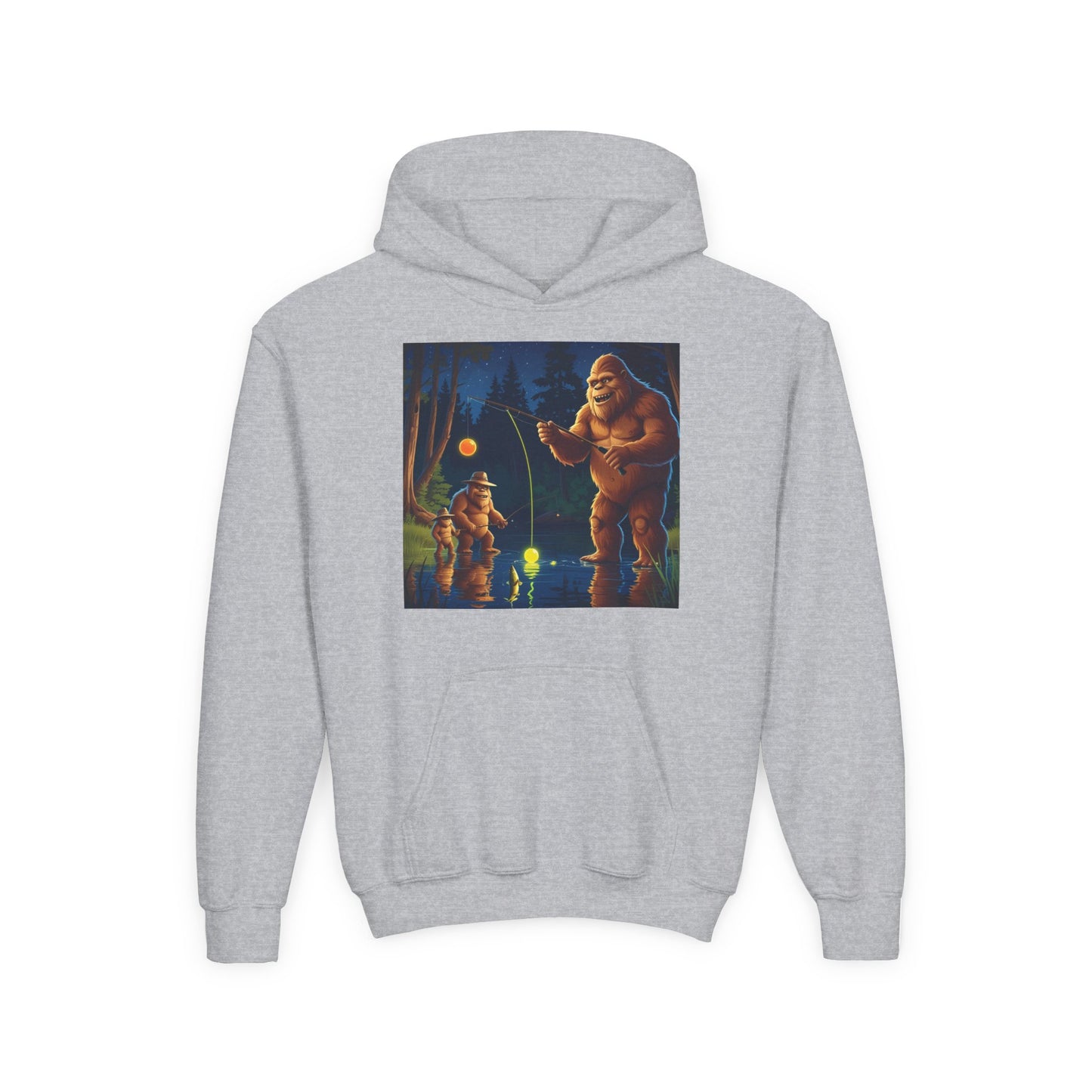 Bigfoot Fishing Youth Hoodie, Adventure Sweatshirt, Outdoor Fun, Gift for Kids, Bigfoot Lovers, Hooded Sweatshirt for Camping