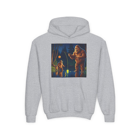 Bigfoot Fishing Youth Hoodie, Adventure Sweatshirt, Outdoor Fun, Gift for Kids, Bigfoot Lovers, Hooded Sweatshirt for Camping