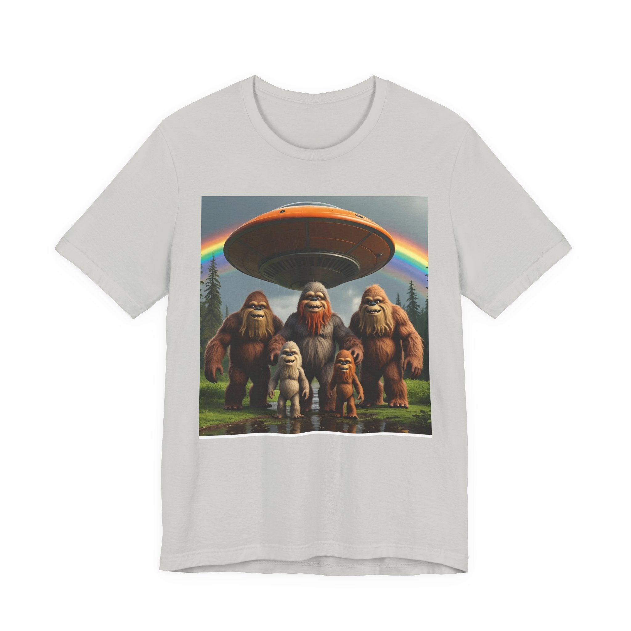 Bigfoot and Aliens Tee, Unisex Jersey Tee, Funny Graphic Shirt, UFO Lover Gift, Outdoor Adventure Apparel