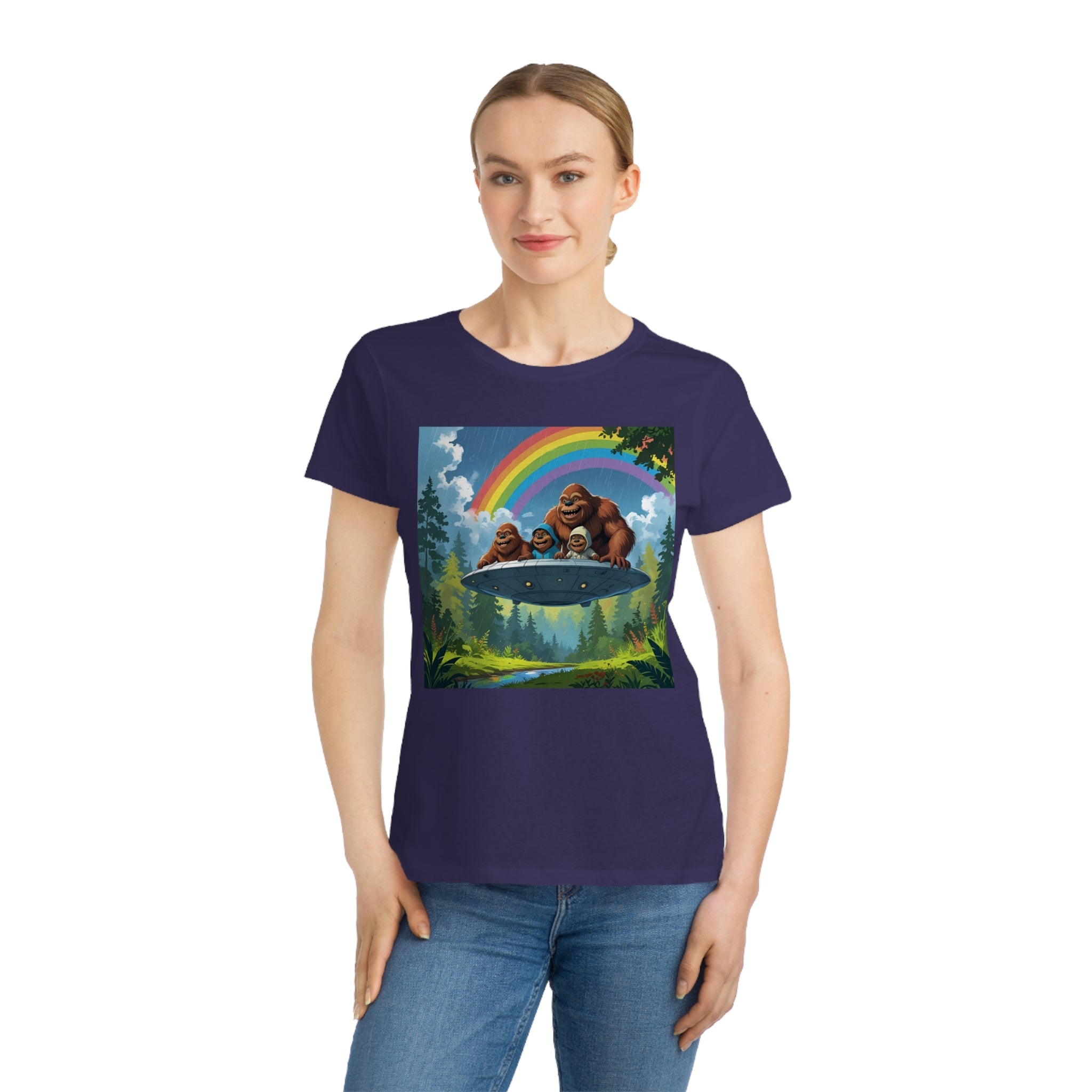 Whimsical Bigfoot Adventure T-Shirt, Fun Women's Tee, Summer Fashion, Hiking Gift, Rainbow Art Tee, Casual Wear, Nature Lover Shirt