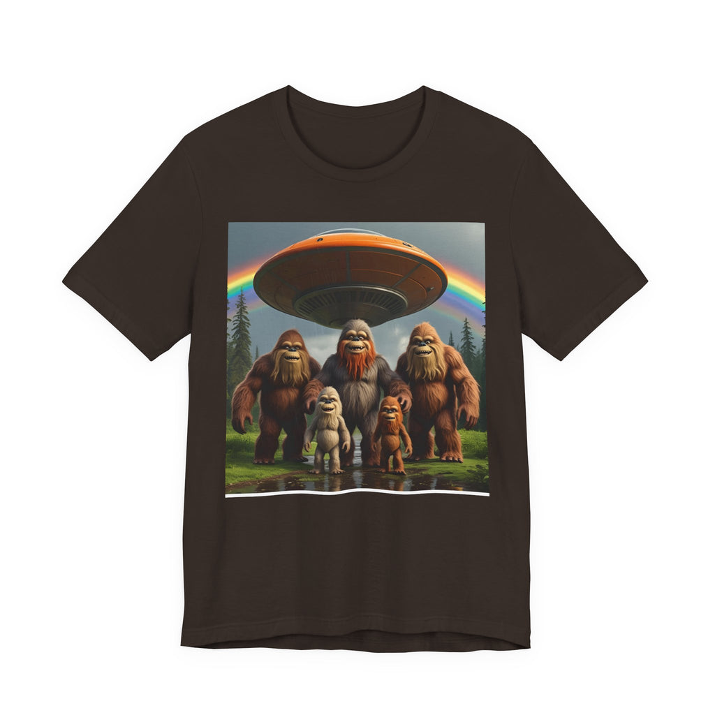 Bigfoot and Aliens Tee, Unisex Jersey Tee, Funny Graphic Shirt, UFO Lover Gift, Outdoor Adventure Apparel