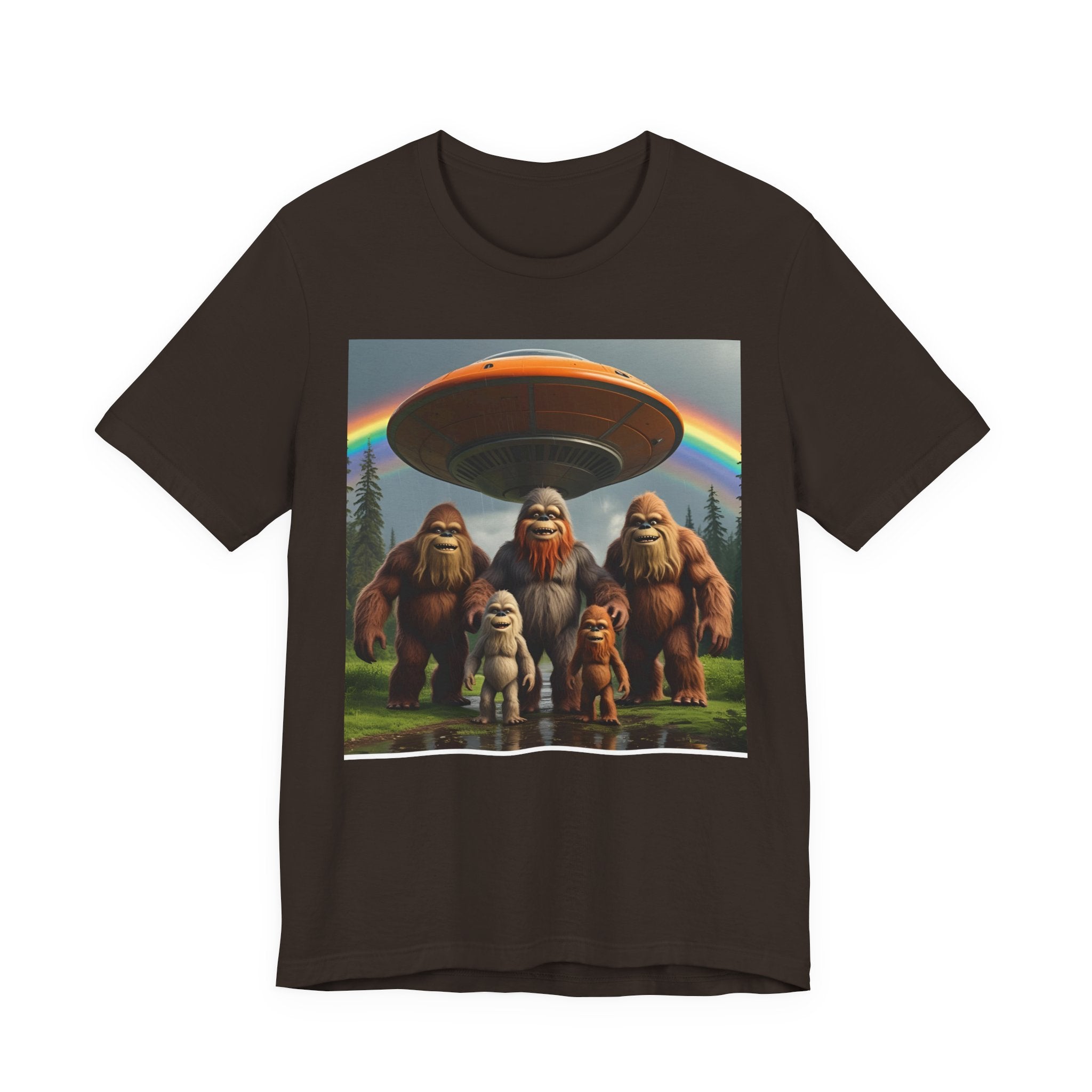 Bigfoot and Aliens Tee, Unisex Jersey Tee, Funny Graphic Shirt, UFO Lover Gift, Outdoor Adventure Apparel