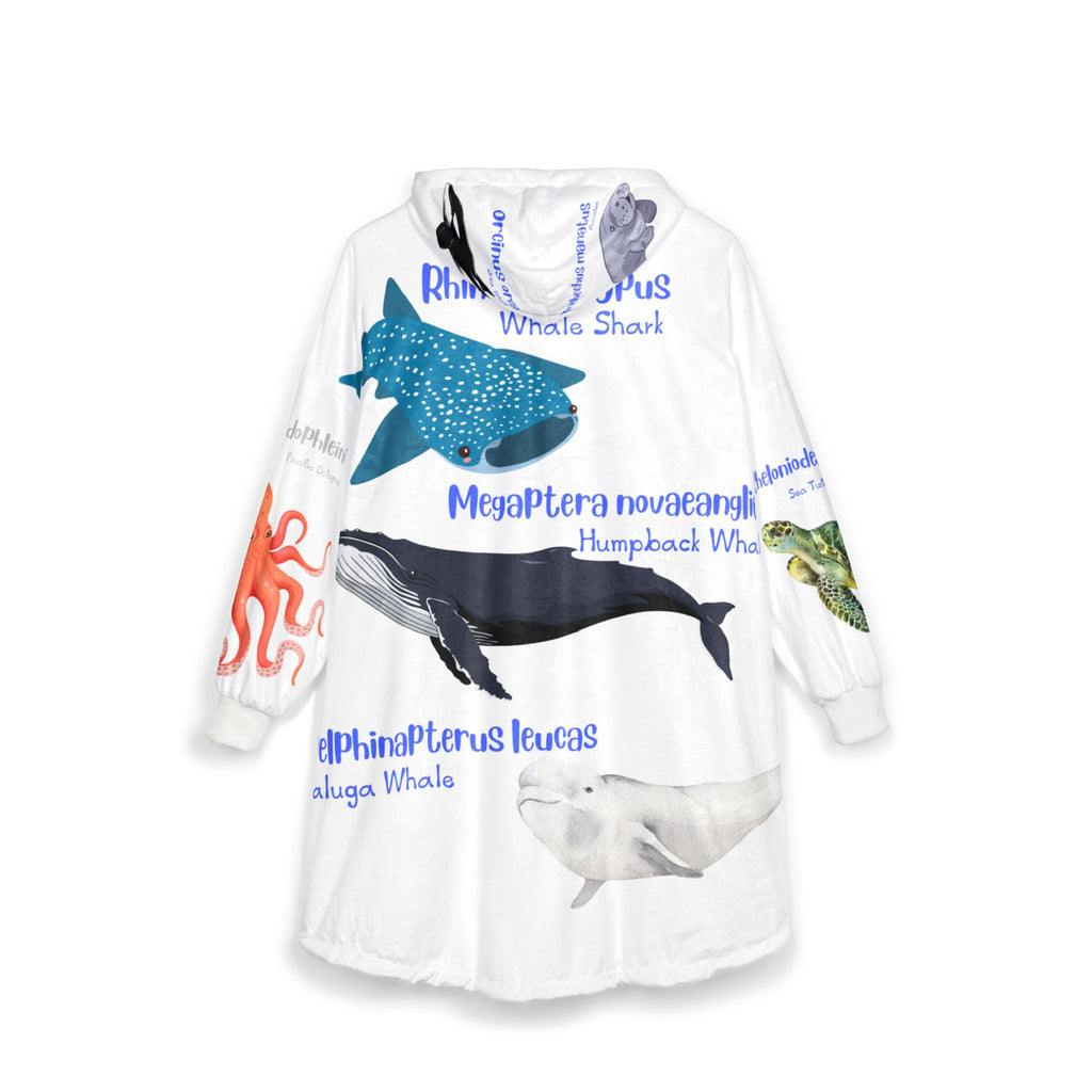 Ocean Species Hooded Blanket — Illustrated Marine Life Guide (Whale, Shark, Octopus)