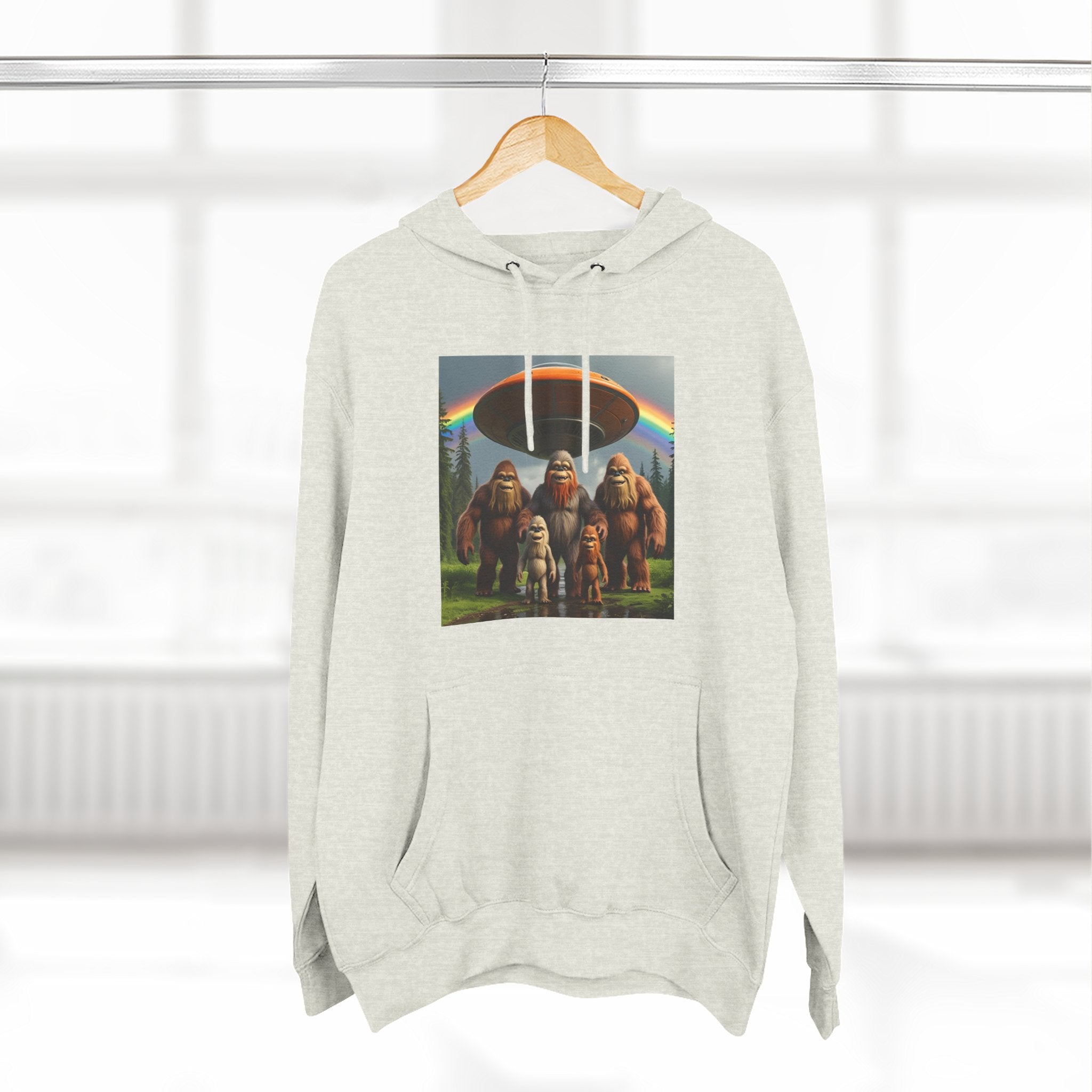 Sasquatch Family Rainbow Hoodie — Retro Bigfoot Graphic Pullover