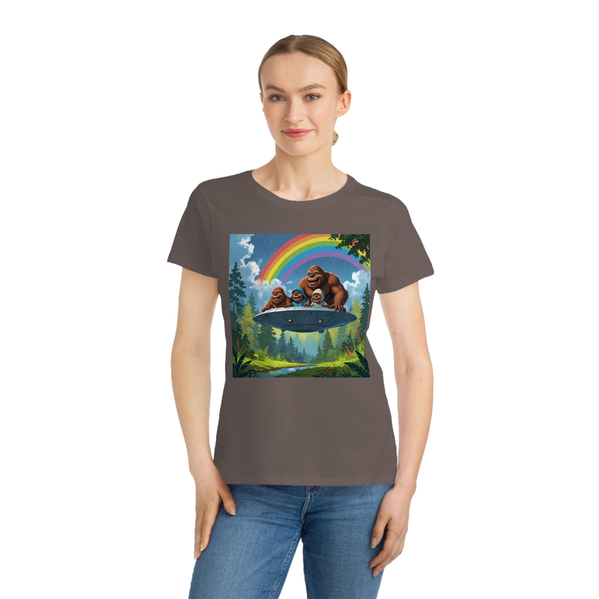 Whimsical Bigfoot Adventure T-Shirt, Fun Women's Tee, Summer Fashion, Hiking Gift, Rainbow Art Tee, Casual Wear, Nature Lover Shirt