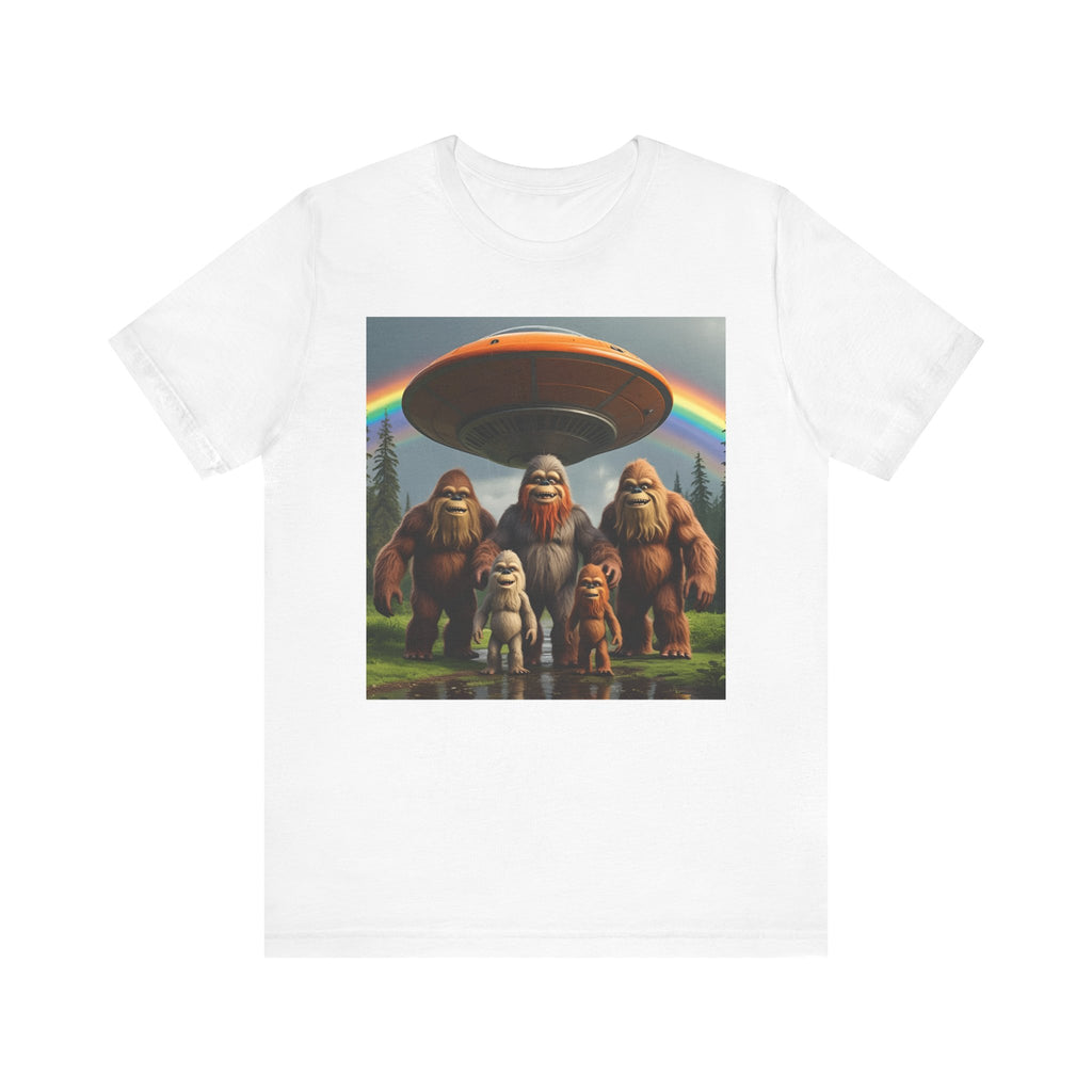Bigfoot and Aliens Tee, Unisex Jersey Tee, Funny Graphic Shirt, UFO Lover Gift, Outdoor Adventure Apparel