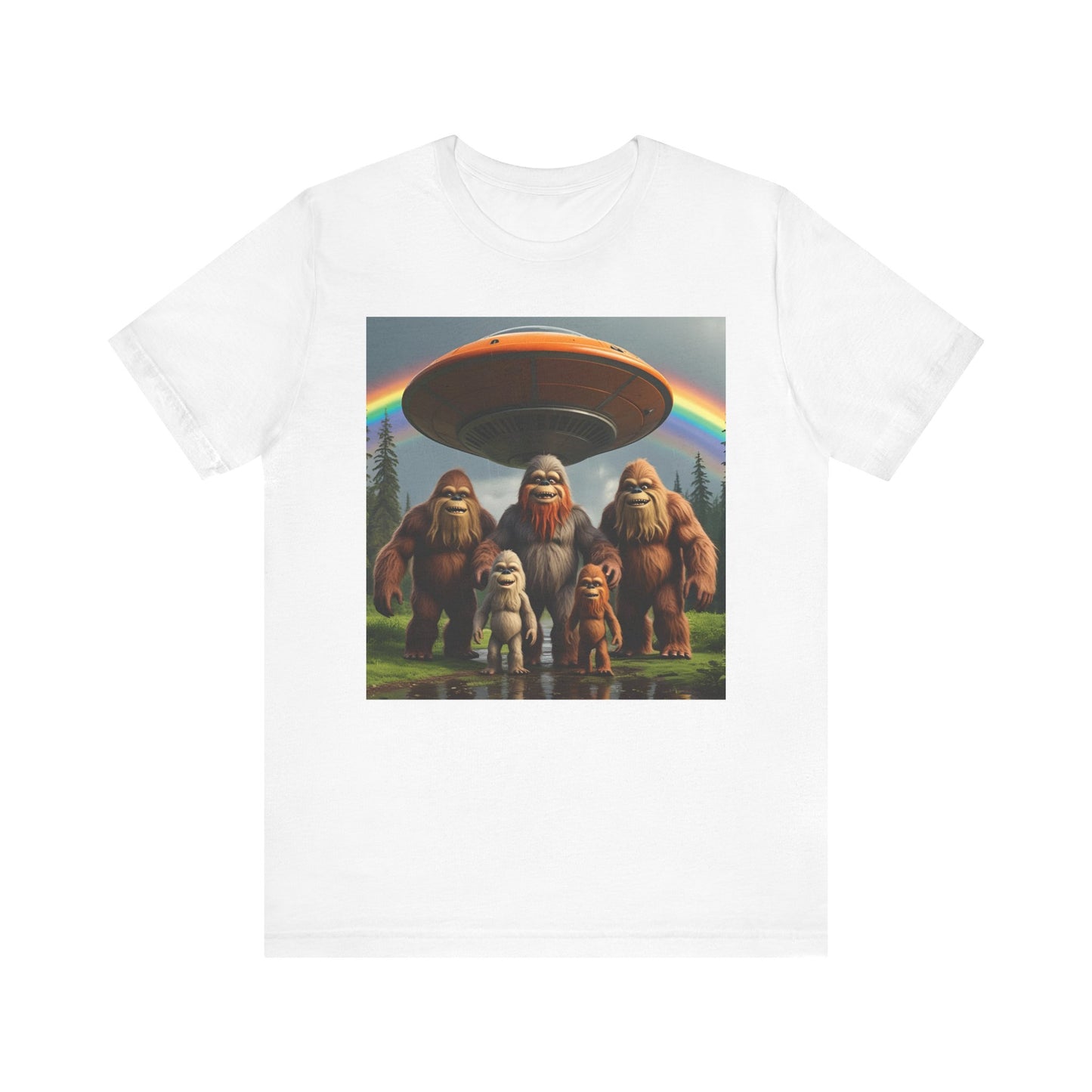 Bigfoot and Aliens Tee, Unisex Jersey Tee, Funny Graphic Shirt, UFO Lover Gift, Outdoor Adventure Apparel