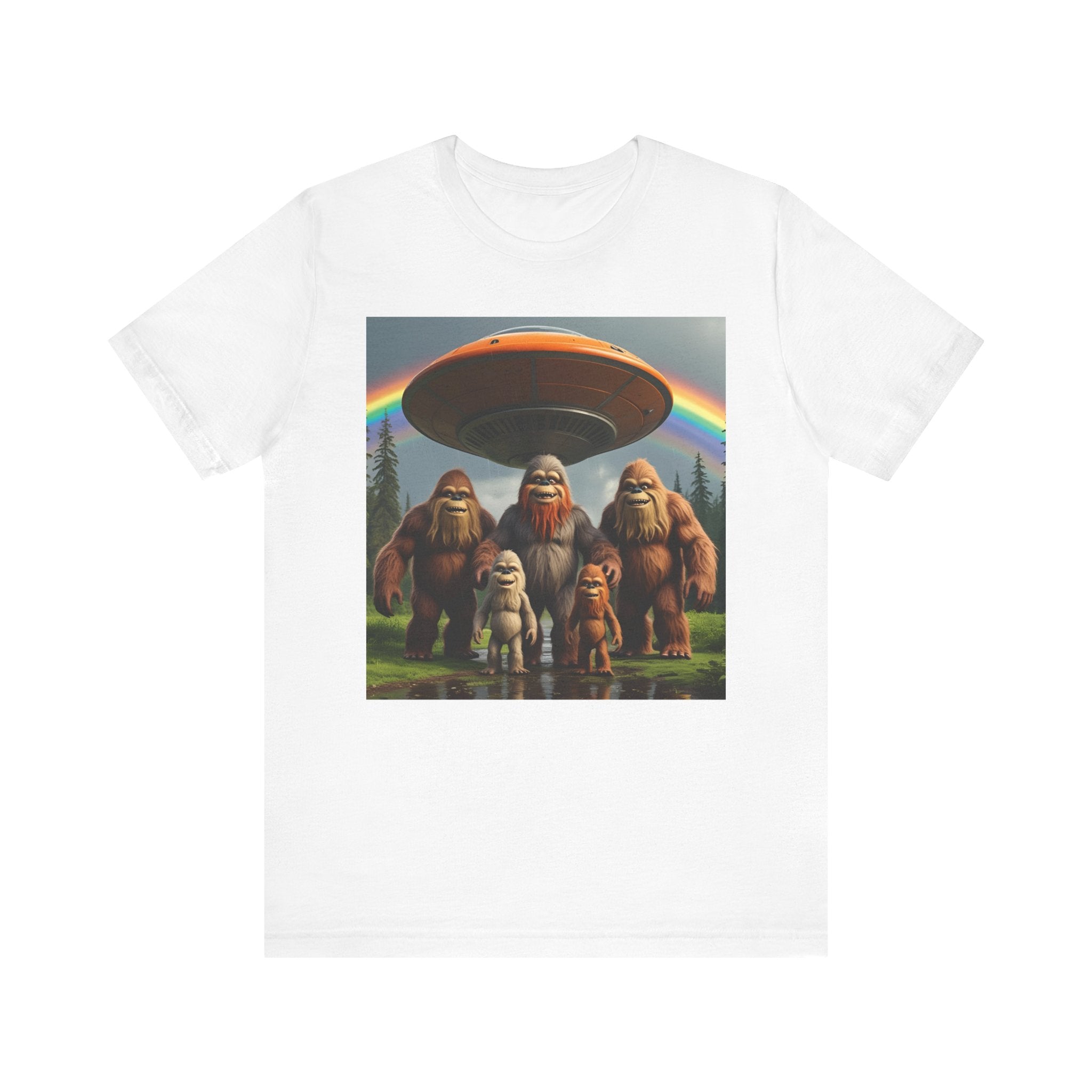 Bigfoot and Aliens Tee, Unisex Jersey Tee, Funny Graphic Shirt, UFO Lover Gift, Outdoor Adventure Apparel