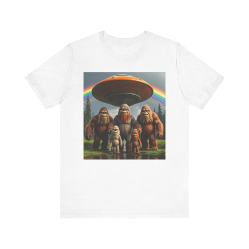 Bigfoot and Aliens Tee, Unisex Jersey Tee, Funny Graphic Shirt, UFO Lover Gift, Outdoor Adventure Apparel