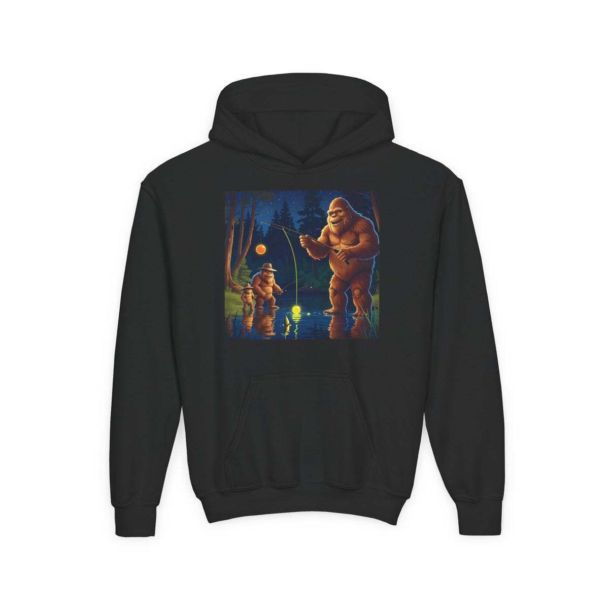 Bigfoot Fishing Youth Hoodie, Adventure Sweatshirt, Outdoor Fun, Gift for Kids, Bigfoot Lovers, Hooded Sweatshirt for Camping