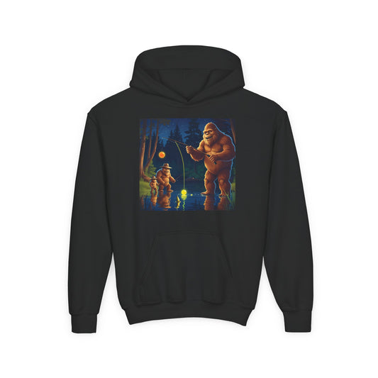 Bigfoot Fishing Youth Hoodie, Adventure Sweatshirt, Outdoor Fun, Gift for Kids, Bigfoot Lovers, Hooded Sweatshirt for Camping