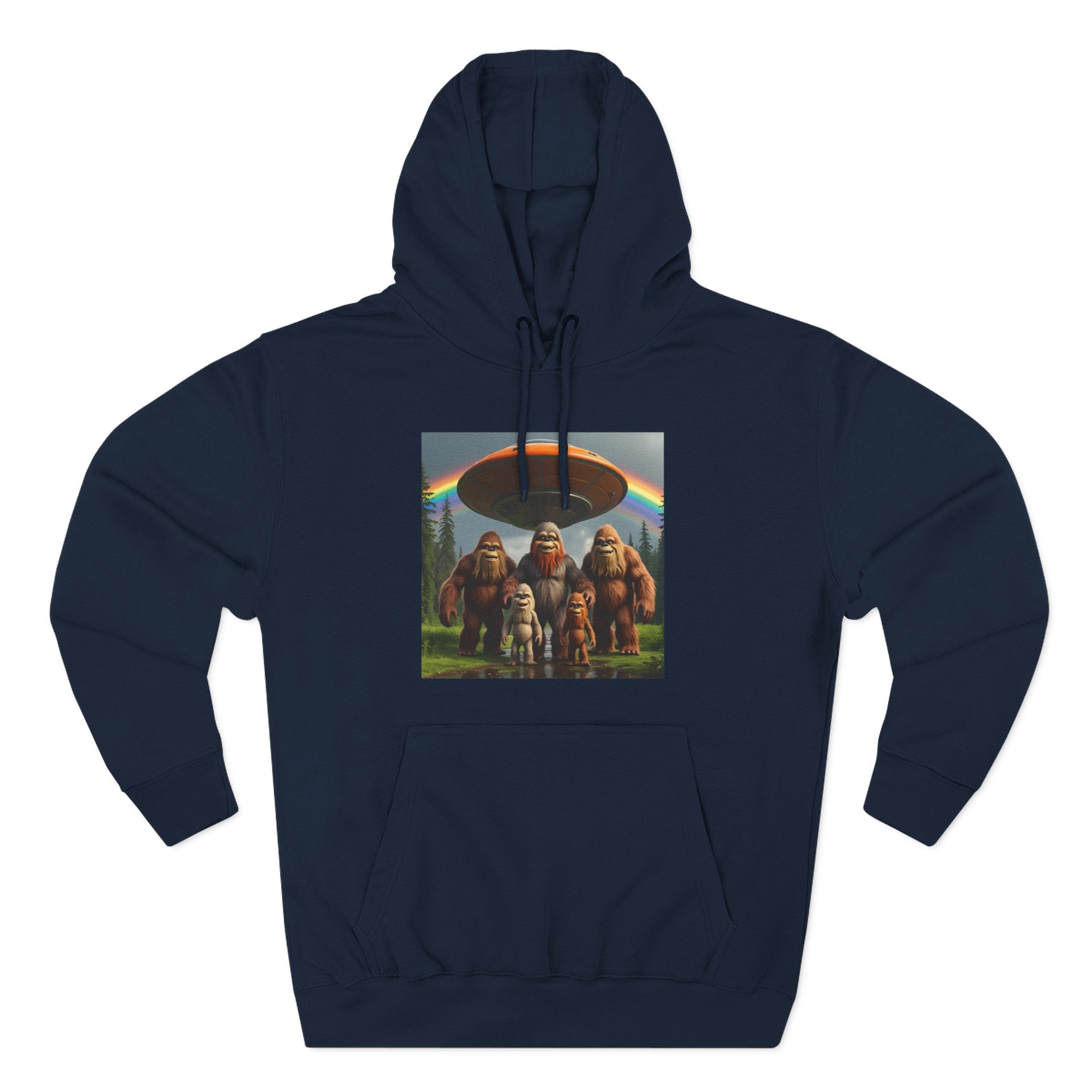 Sasquatch Family Rainbow Hoodie — Retro Bigfoot Graphic Pullover