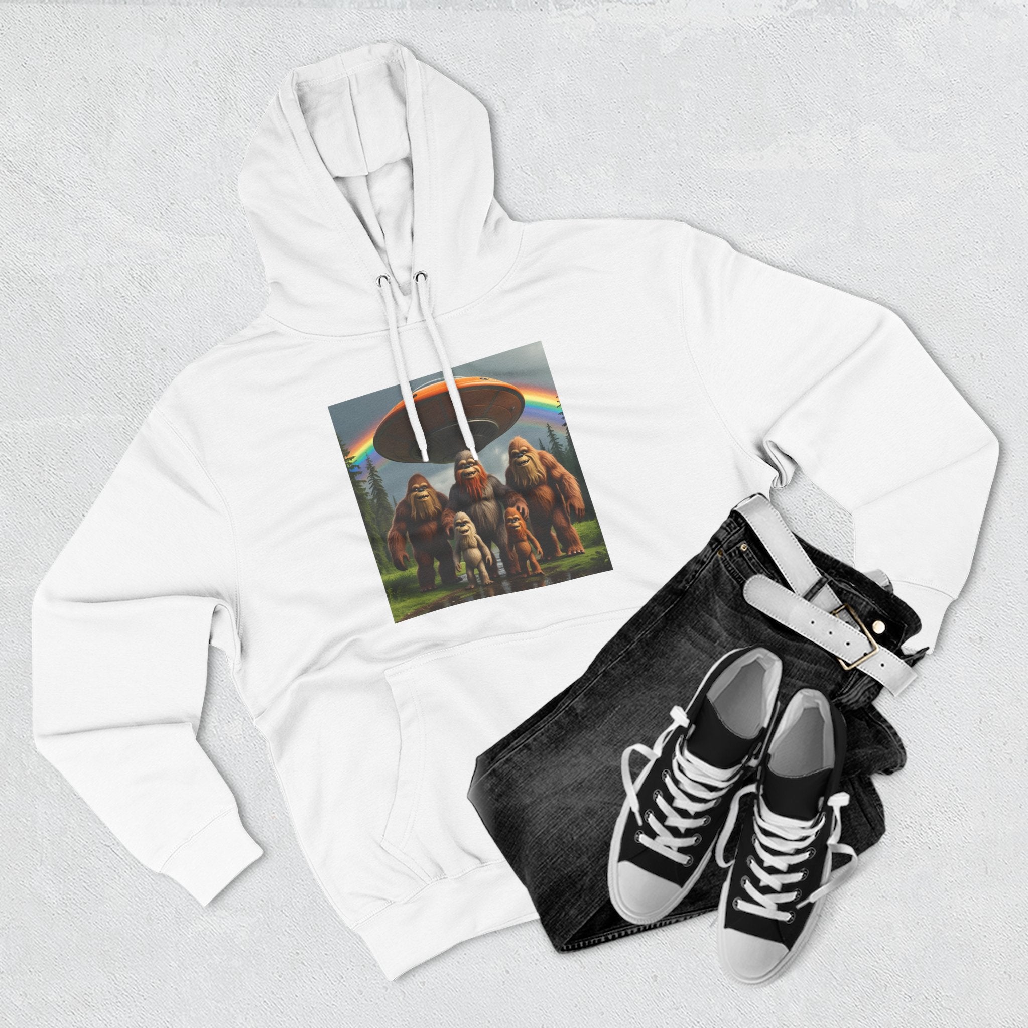 Sasquatch Family Rainbow Hoodie — Retro Bigfoot Graphic Pullover