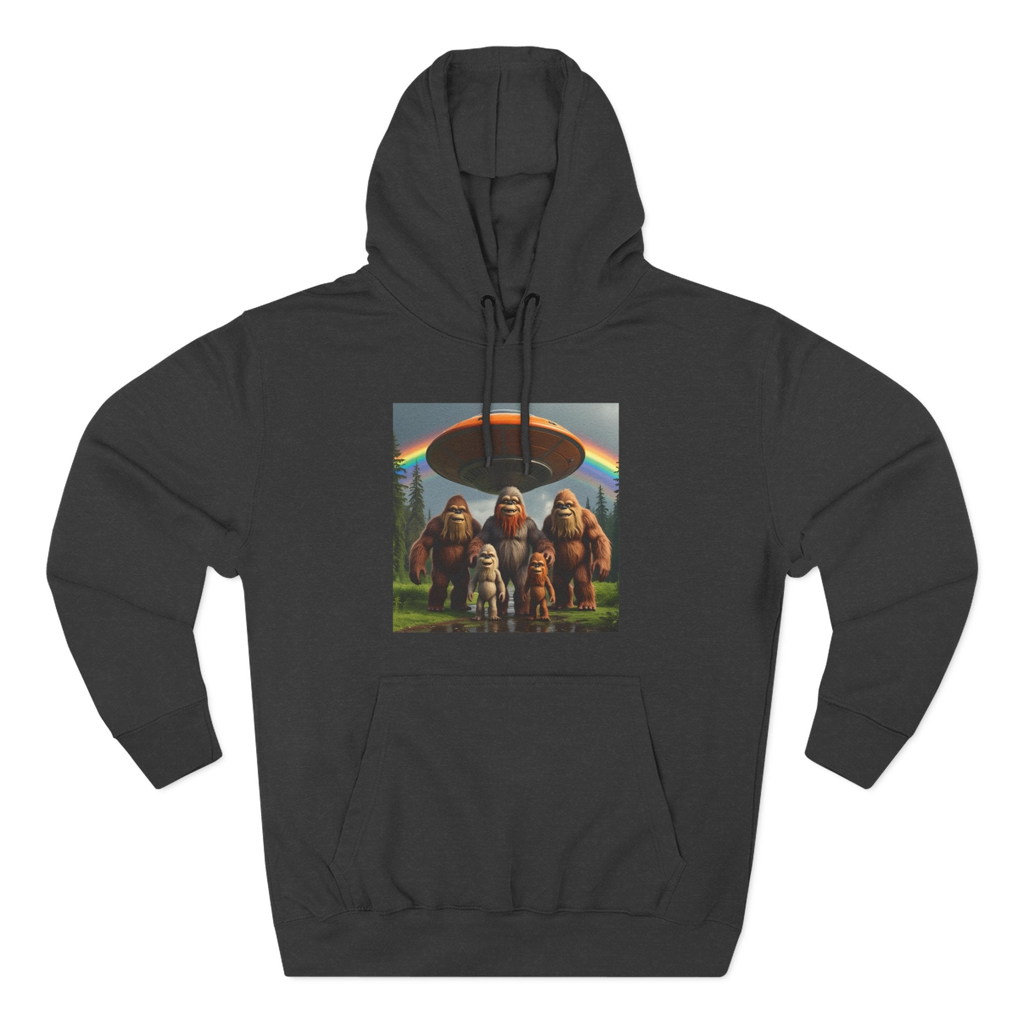 Sasquatch Family Rainbow Hoodie — Retro Bigfoot Graphic Pullover