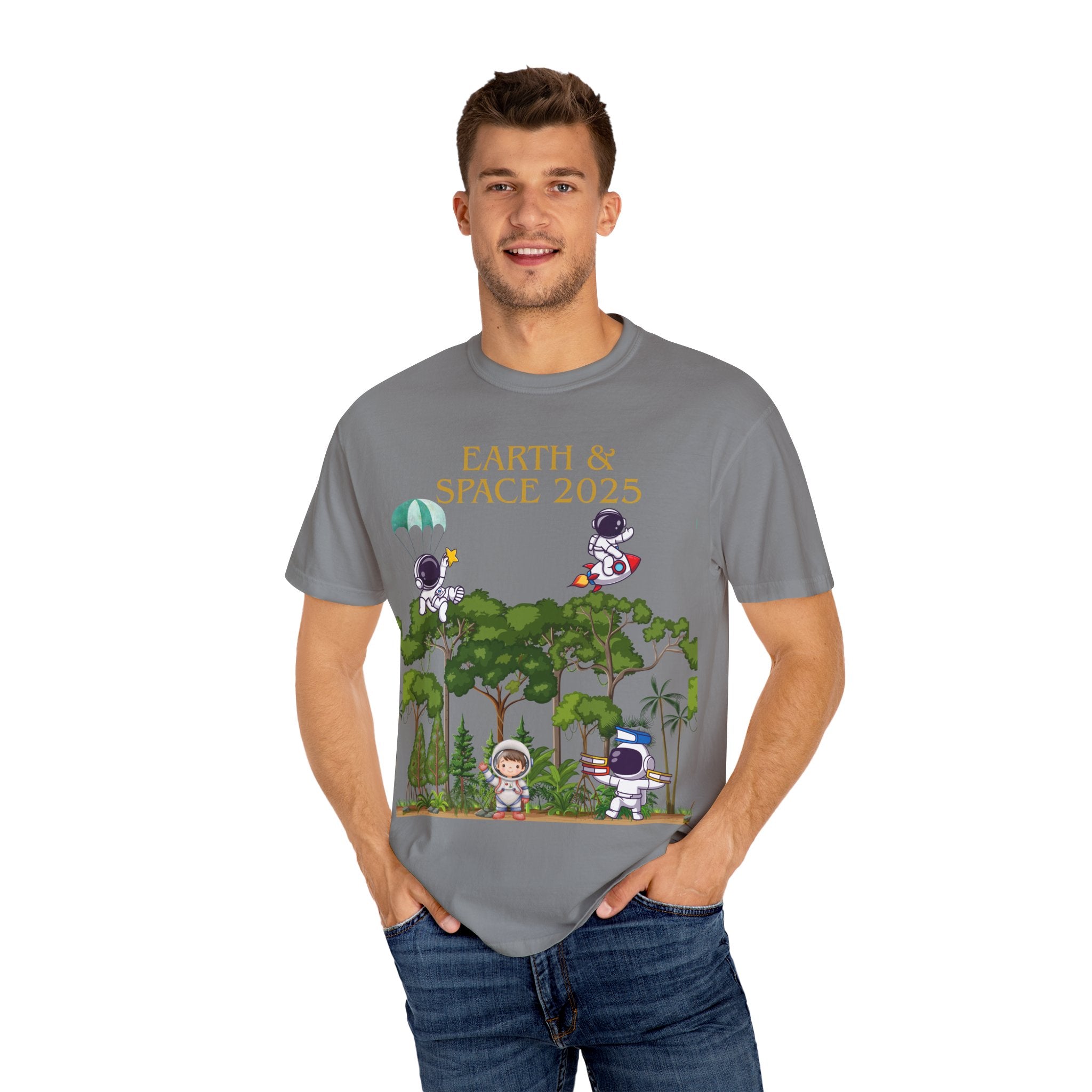 Earth & Space 2025 Unisex T-shirt, Cute Astronaut Tee, Nature Lover Shirt, Space Exploration Gift, Eco-Friendly Tee