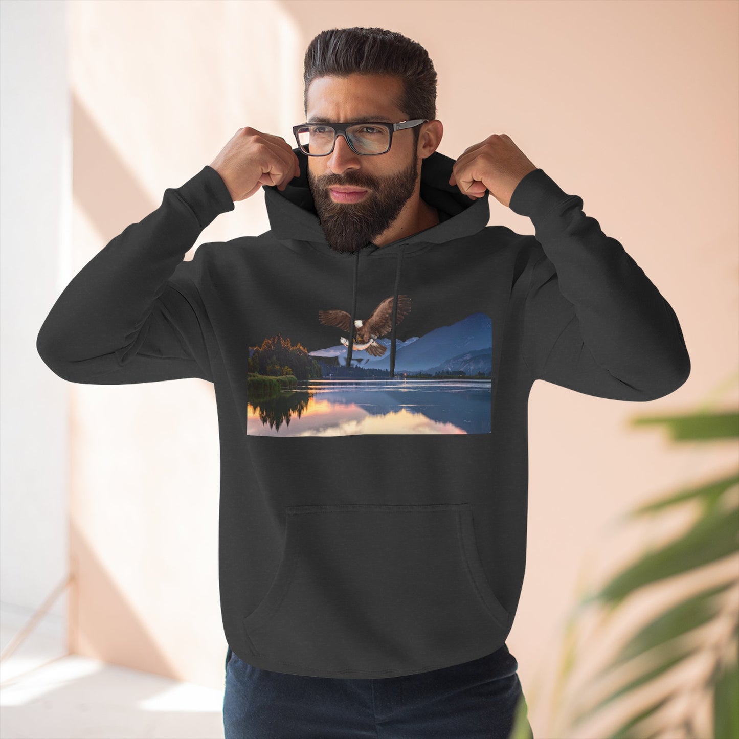 Sunset Lake Eagle Hoodie - Nature Landscape Fleece Pullover